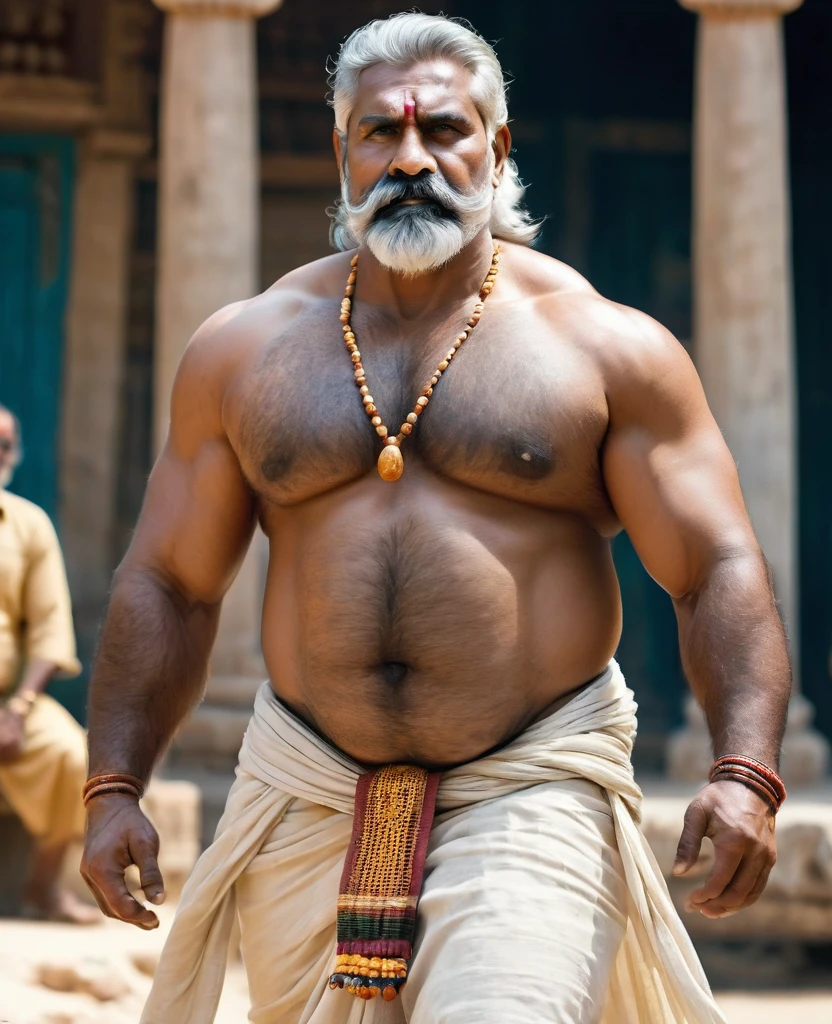 extremely detailed, detailed face, detailed eyes, detailed big muscles detailed fat , (view naked.realistic full body), ((1man)), (object (big belly indian older  big bulge testicles balls  bear hairy body thick legs rugged hairy naked standing with face up alpha stern expression inside indian temple )), wearing traditonal indian clothing  (big thick, hefty build, big muscle, facial hair, white moustache, , alpha strong man face thick hair,  white hair, strong character, strong muscle), (background (sunny , indian river)), (photography (50mm lens, cinematic, cinematic color)