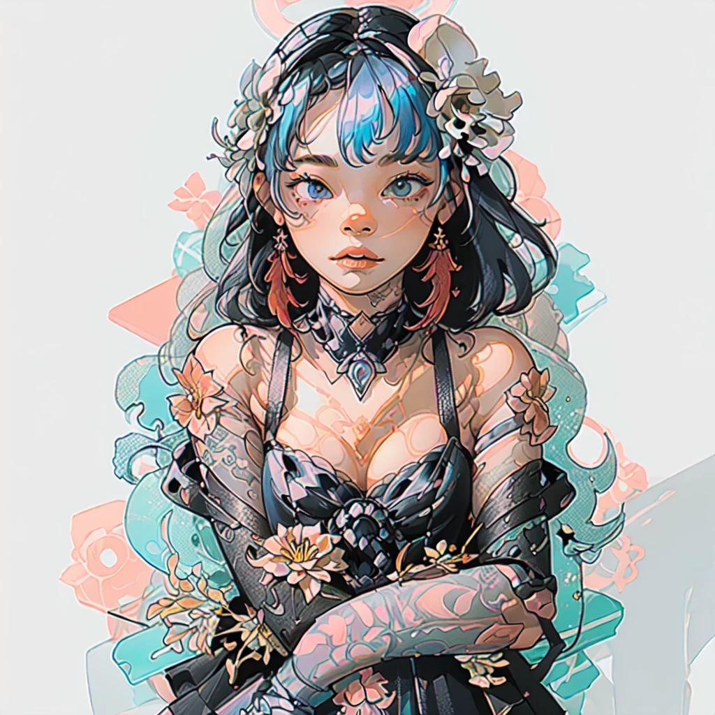 ((Create MAXZenArt!))_((One, 1 girl, tattoos, glowing tattoos, brilliant, white-fluffy 16+), (skull, Flowers), (black transparent dress-clothing)), (sexual, erotic)) _((Delicate scarlet lips), (straight black hair - long, basic moments, blue, cascade), (multi-colored brilliant hair), (cool shine, Wet straight hair))_((stylization; clear line, clear outline, high quality line drawing, shading))_((simple color palettes), (color fill, Color saturation, saturation, harmony, balance), (rich pastel colors, Pure colors), (cyberpunk))_((sexual, erotic), (simple, Minimum accessories), (Necklaces and thin rings made of silver or gold.), (simple bracelets, unusual designs, simple silhouettes), (erotic style))_((background),(abstract minimalism), (stunning cybernetic Flowers), ( lilies, extremely unusual, long stems - large stems, skull, Flowers)).