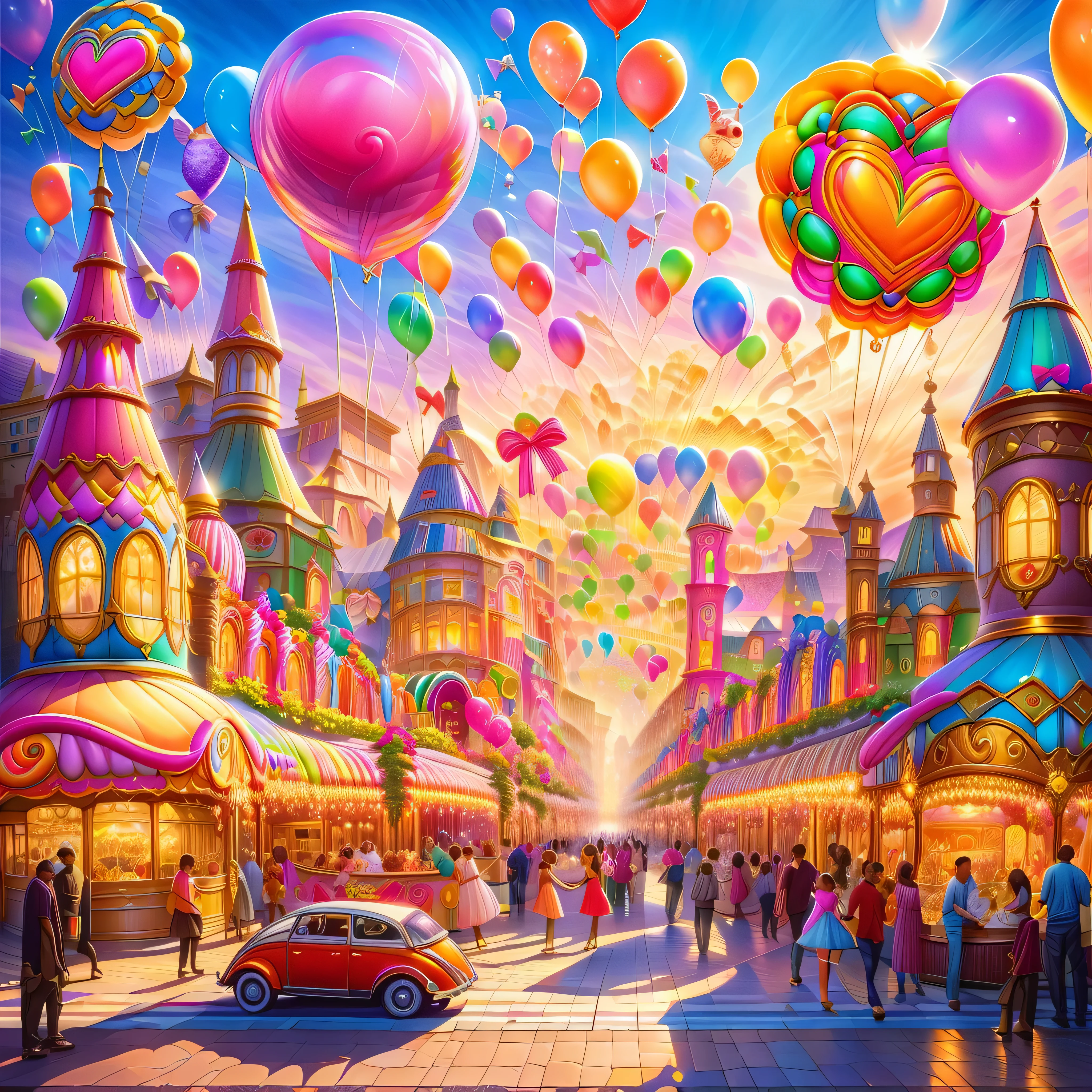 A sunset over a vibrant Candyland, with colorful balloons, ice cream, and drinks 🎈🍦🍹❤(😘👩🎀👗⚜👒👡💅)🎪🎢🎡🎠. The scene is full of excitement and joy, with a variety of attractions. The sky is ablaze with a mix of warm and cool tones, creating a stunning backdrop. The lighting is soft and golden, casting a warm glow over the entire landscape. The vibrant colors of the candy-inspired structures stand out against the pastel sky. The candy-themed buildings are adorned with intricate details, from candy canes to lollipops, creating a whimsical and magical atmosphere. The balloons float in the air, adding an element of playfulness and fun to the scene. The air is filled with laughter and happy chatter as people enjoy the festive atmosphere. The characters are beautifully dressed, with elegant outfits and delicate accessories. Their eyes shine with excitement and anticipation, while their lips display a cheerful smile. The girls' dresses are adorned with bows and ribbons, adding a touch of femininity to their appearance. The scene captures the beauty of friendship and the enjoyment of a carefree day at the amusement park. The overall image quality is of the highest standard, with a focus on every minute detail. The image is ultra-detailed, bringing to life every aspect of the scene. The colors are vivid and vibrant, enhancing the magical atmosphere of the Candyland. The lighting is carefully crafted, creating a sense of depth and dimension. The photorealistic rendering adds a sense of realism to the artwork, making it appear almost like a photograph. The art style combines elements of both illustration and photography, creating a unique and captivating visual experience. The colors are carefully chosen to evoke a sense of wonder and enchantment. The scene is bathed in warm hues, creating a dreamlike ambiance. The lighting highlights the key features of the landscape, adding depth and dimension to the image. In summary, the prompt describe a beautiful sunset candyland