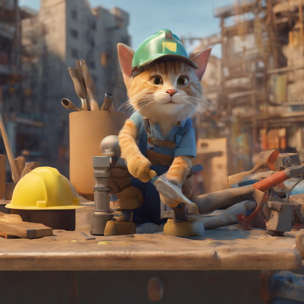 8 k resolution, best quality, cat, working cap on head, lower part of the body in the canal, fixing pipes with his hands, black grease stains all over the body, in the background you can see the construction of buildings, yes, on the right side of the mixer, on the left board, dirty color, light clean, clean and readable picture, best quality