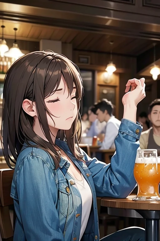 (highest quality:1.2), (masterpiece:1.2),(black eyes and small breasts), (very short messy brown hair),break(head tilt:1.4),(anguish:1.2),(shutting eyes),shutting eyes,(at the pub table), (having alcohol),(in profile),(Denim Jacket)