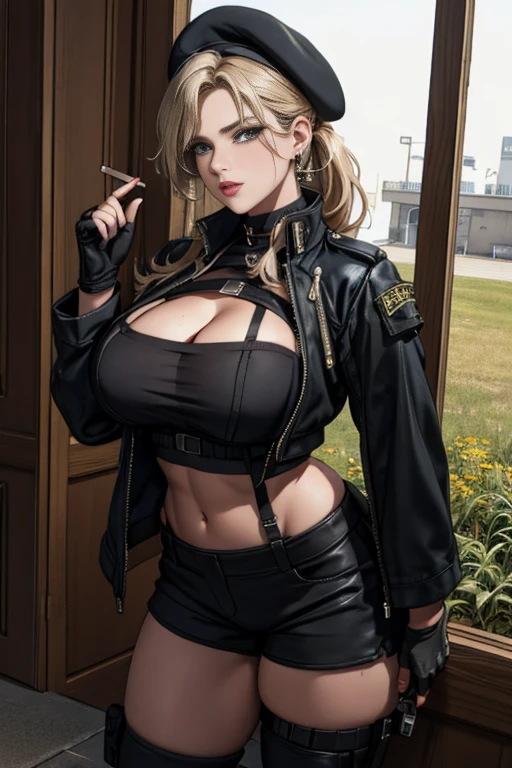  19 years old, (milf:0.8), (solo:1.5), (sfw:1.25), sexy breast, beautiful breasts, (medium tits:0.8), thin waist, big ass:1.0, Raised sexy, (black beret,black military jacket, open clothes, cleavage, midriff, black shorts, black thighhighs, thigh strap, fingerless gloves, single glove:1.2), blue eyes, light smile, big , Revimpling fabric, earrings, Hand gloves, detailed face,(hold a cigarette:1.1),long hair,side ponytail,hair between eyes,bangs,detailed and beautiful eyes,beautiful detailed lips,Rolling her eyes,manner,hair over one eye, (ultra high resolution, 8K RAW photo, photo realistics, thin outline:1.3, clear focus), best qualtiy, natural lighting, textile shading, field depth, (Bright pupils, fine detailed beautiful eyes with highlight:1.3, high detailed face), Red lip, fine realistic skins:1.1, looking down viewers:1.3, (dynamic angle:1.3, front view:1.1, breast focus:1.3, from above:1.2), (dynamic posing:1.5, sexy posing:1.2),Youghal, side lock, hair ornaments,nice,garden background,artistic rendering,Super detailed,(highest quality,4k,8K,High resolution,masterpiece:1.2),Bright colors,studio lighting ,at military base in usa
