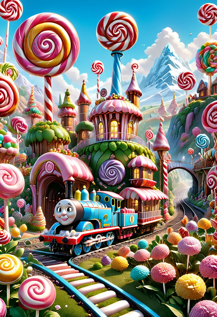 Candyland, Candy Land, Thomas train,, locomotive, (masterpiece, best quality, Professional, perfect composition, very aesthetic, absurdres, ultra-detailed, intricate details:1.3)