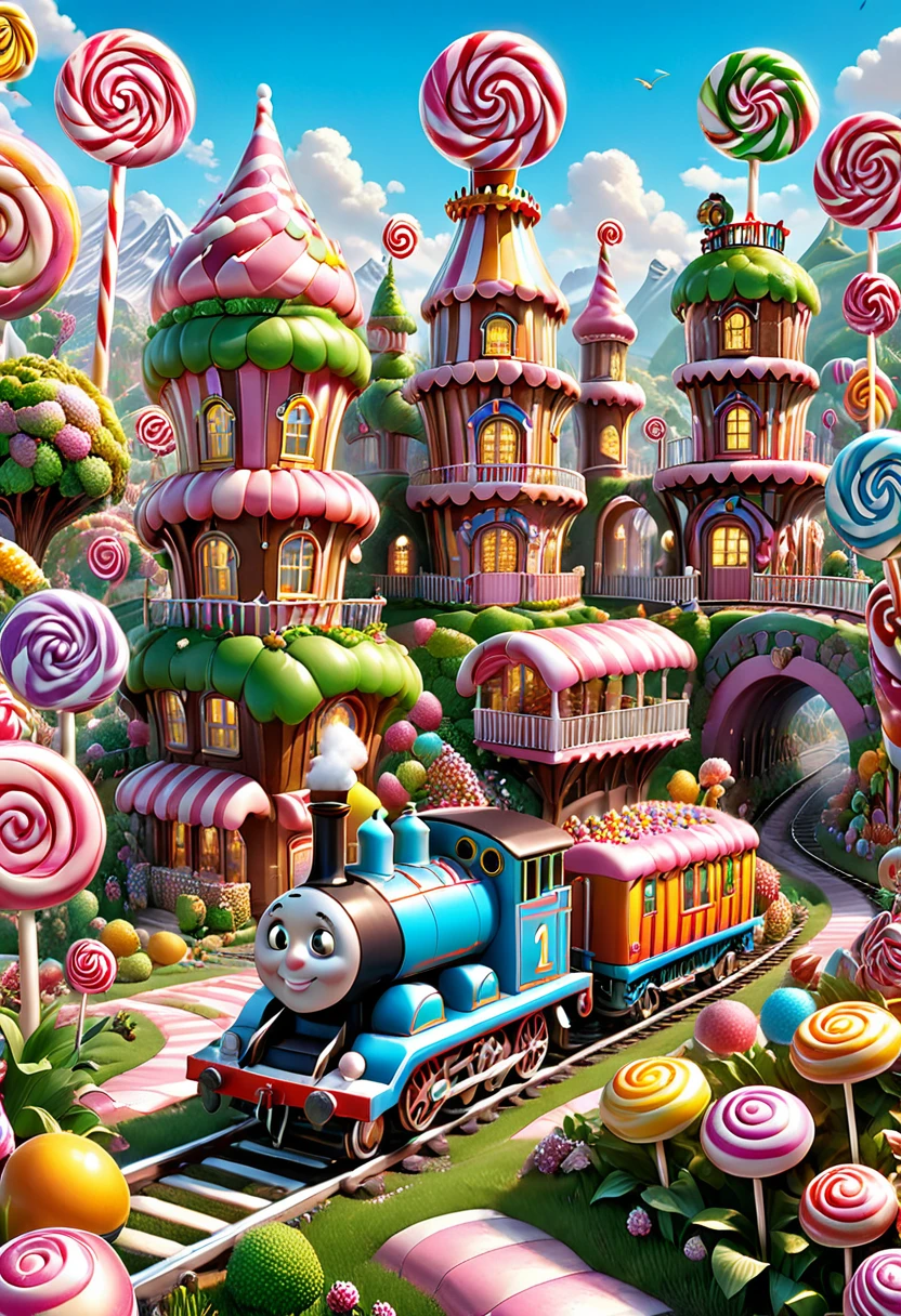 Candyland, Candy Land, Thomas train,, locomotive, (masterpiece, best quality, Professional, perfect composition, very aesthetic, absurdres, ultra-detailed, intricate details:1.3)