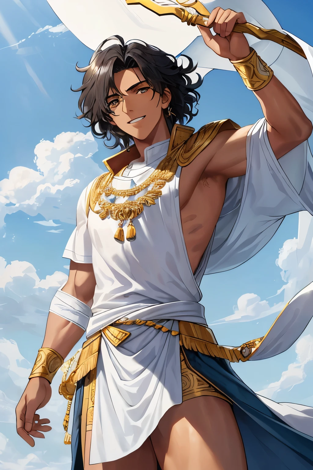 Masterpiece image of a brave and adventurous young Olympian, approximately , with a slender build, black skin, and long, voluminous, messy hair. He is meticulous and has a bright, smiling face.
The image is of the highest quality, with a high resolution and a detailed, realistic depiction. The young athlete is shown in mid-air, surrounded by puffs of white clouds, as if he is falling gently from the sky. He wears traditional Ancient Greek clothing in pure white, adorned with golden details, adding to the mythic quality of the scene.
His muscles are defined, and his eyes shine with determination and a sense