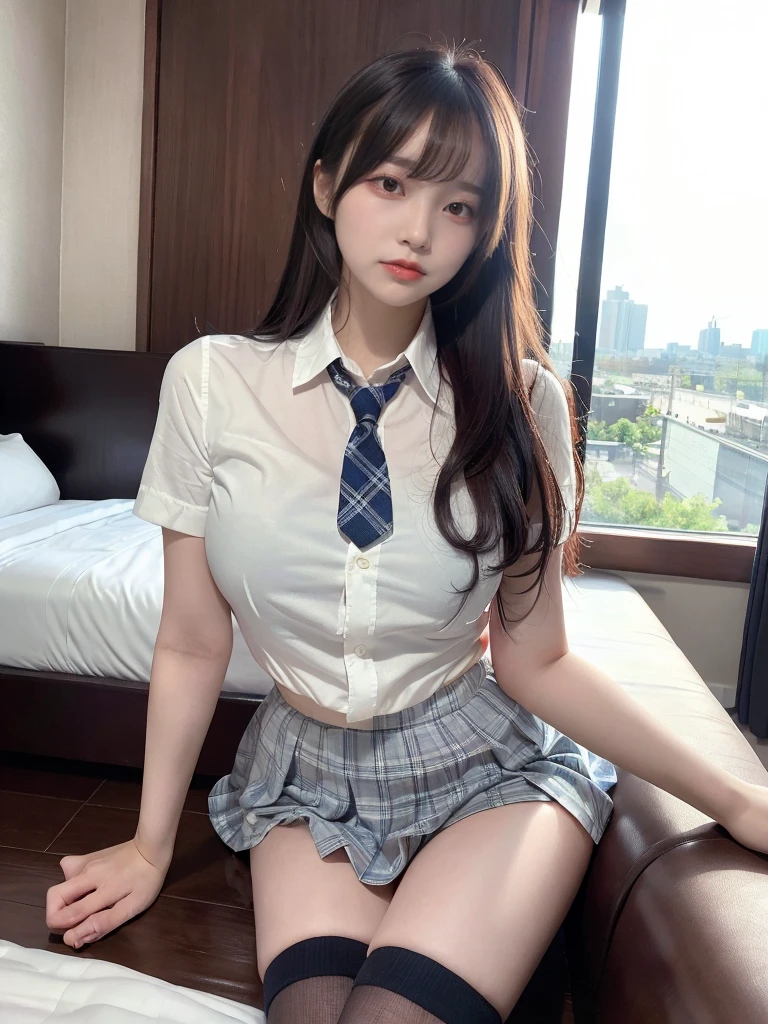 muste piece, best quality, illustration, Super detailed, fine details, High resolution, 8K,wall paper, perfect dynamic composition,(Details High quality, realistic depiction of eyes:1.3), Short mini skirt with gray plaid pattern、White short-sleeved uniform and high socks、(Dark blue tie), short bob hair、black hair color, Big Natural Color Lip, bold sexy pose, (perfect body shape), crying a little、cold gaze, Harajuku style、20 year old girl、cute type、lolita、beautiful legs, hotel room, hposing Gravure Idol, Voluptuous thighs