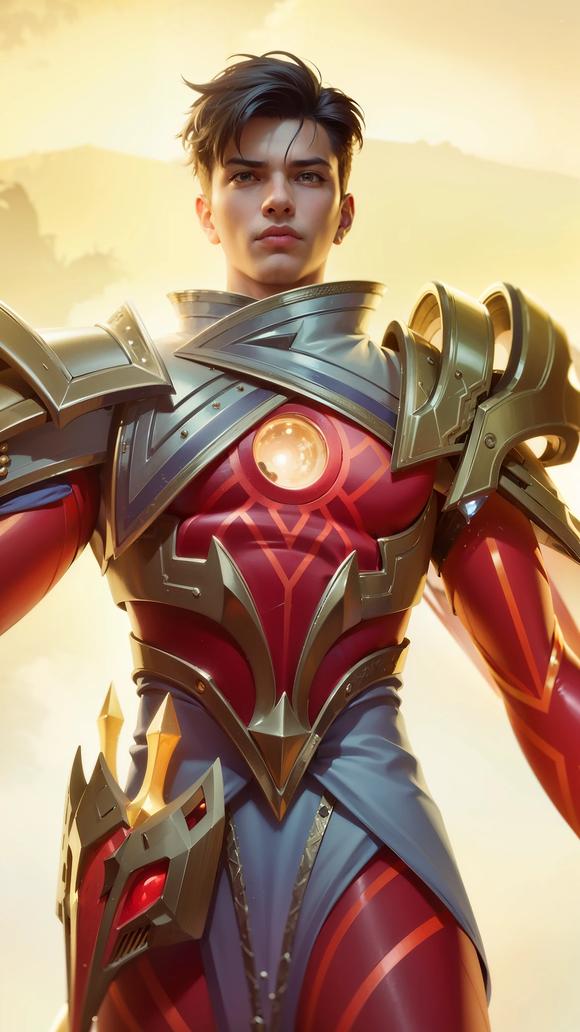 a close up of a person in a costume holding a sword, draconic looking armor, masculine male, masterpiece, ((perfect eyes)) best quality, (semirealism:1.9), beautiful lighting, (extremely detailed CG unity 4k fhd wallpaper), High Detail, Sharp focus, dramatic outdoors, 1 boy ,19 years old, black short hair, yellow eyes, fair skin.