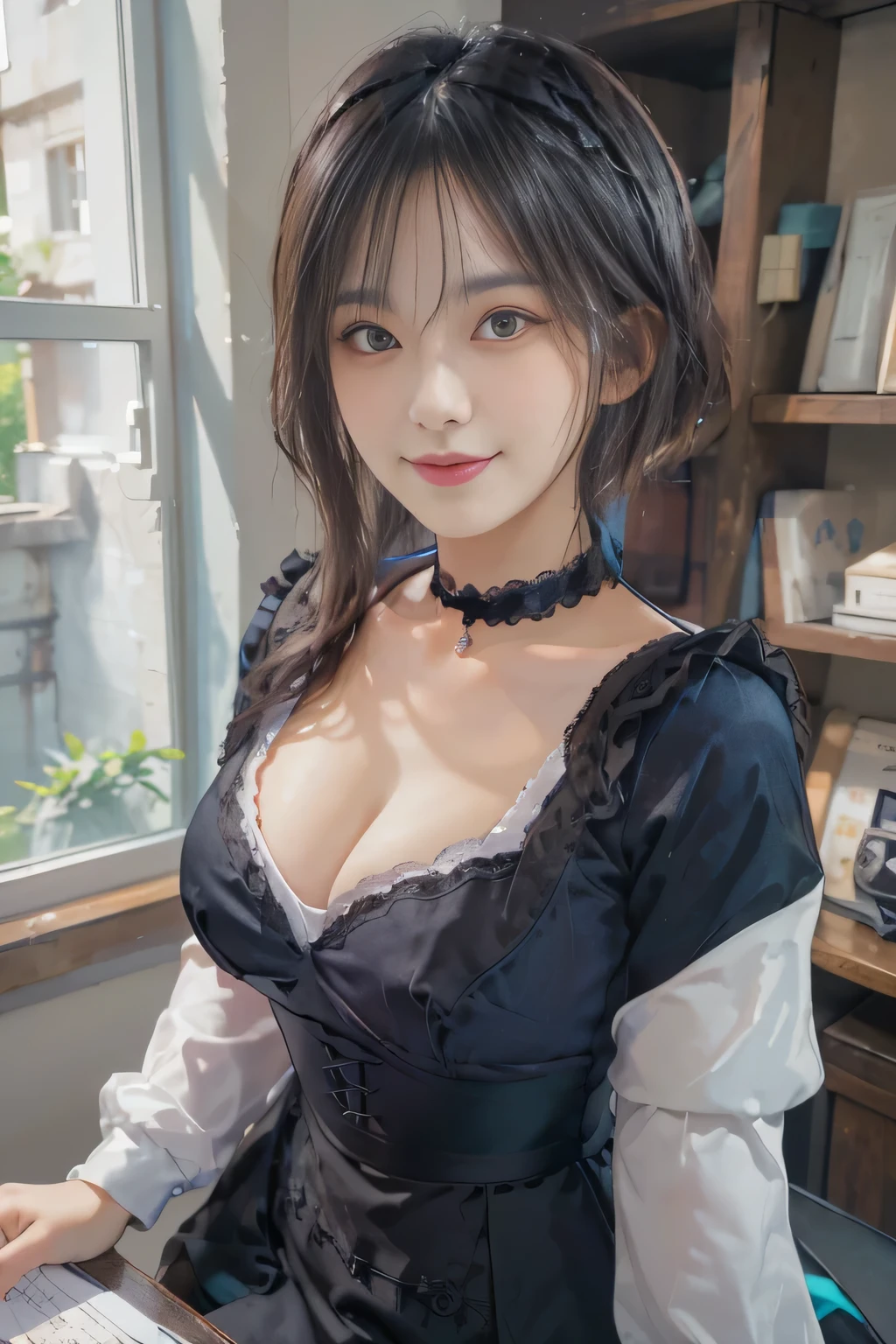 ((highest quality, 8K, Representative works in detail, ultra high resolution)), (looking at the viewer), (middle shot), attractive woman, ((big breasts)), white collared shirt, smile, ((black choker)), slim body shape, (big breasts, Blue colored contacts), long eyelashes, bangs, Beautiful shiny brown hair, Nogizaka Idol, slim face、dungeon