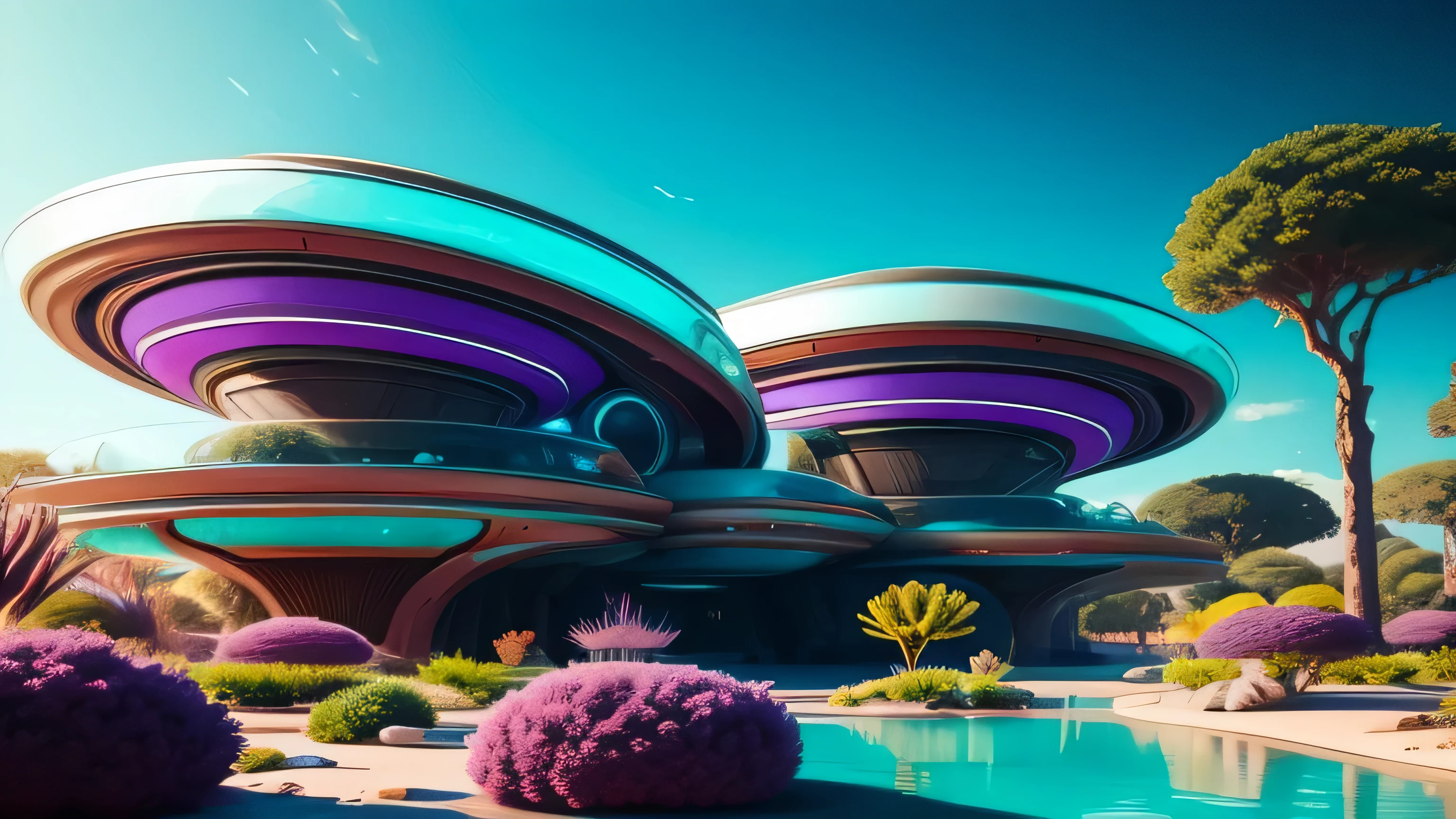 Alien world underwater metal sci-fi Alien style house with oval forms vivid colors, Turquoise sky, purple shrubs and trees, green water