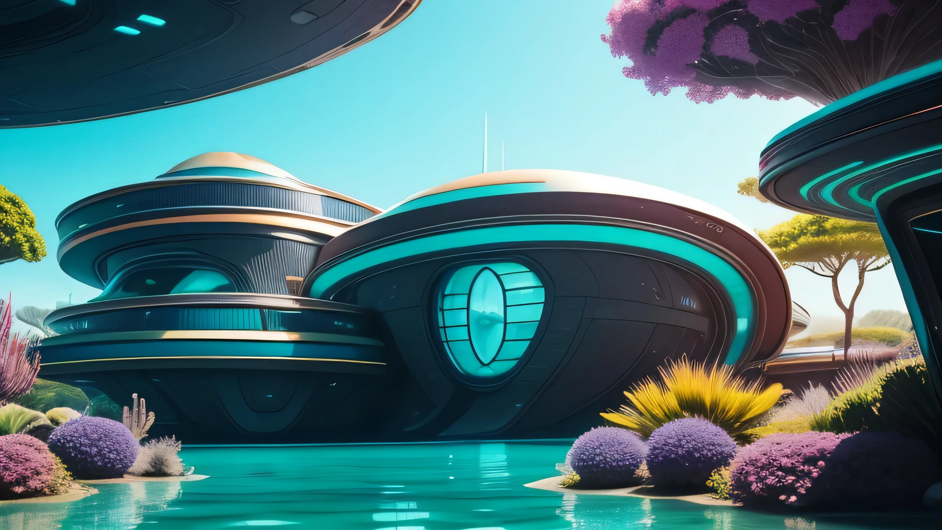 Alien world underwater metal sci-fi Alien style house with oval forms vivid colors, Turquoise sky, purple shrubs and trees, green water