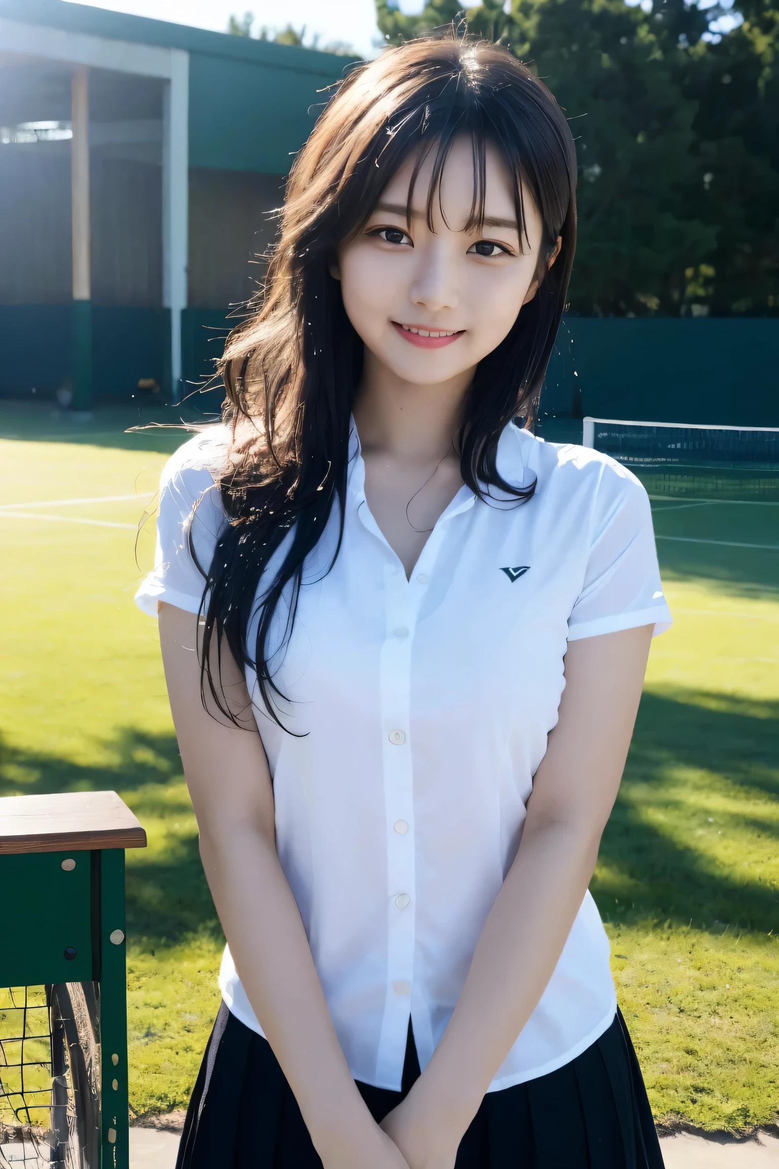 (table top:1.3), (8K, realistic, Raw photo, highest quality: 1.4), Japanese, (1 girl), beautiful face, (realistic face), (black hair), beautiful hairstyle, realistic eyes, detailed and beautiful eyes, (realistic skin), beautiful skin, Charm, 超A high resolution, surreal, very detailed, golden ratio,1 girl,(18-year-old:1.5),small breasts,japanese girl ,smile,tennis,tennis wear,insufficient,yonex,wavy hair,(medium hair),Hyper Detail Hair,Photo of Pretty Japanese girls,hair blowing in the wind, confronting,short sleeve、(No bra)(small and beautiful、hard(thin, Damp buttons down shirt length:1.1)、(雨に濡れたtennis wear)、wet body:1.1, (children&#39;s pants) ), (torn skirt:1.1),