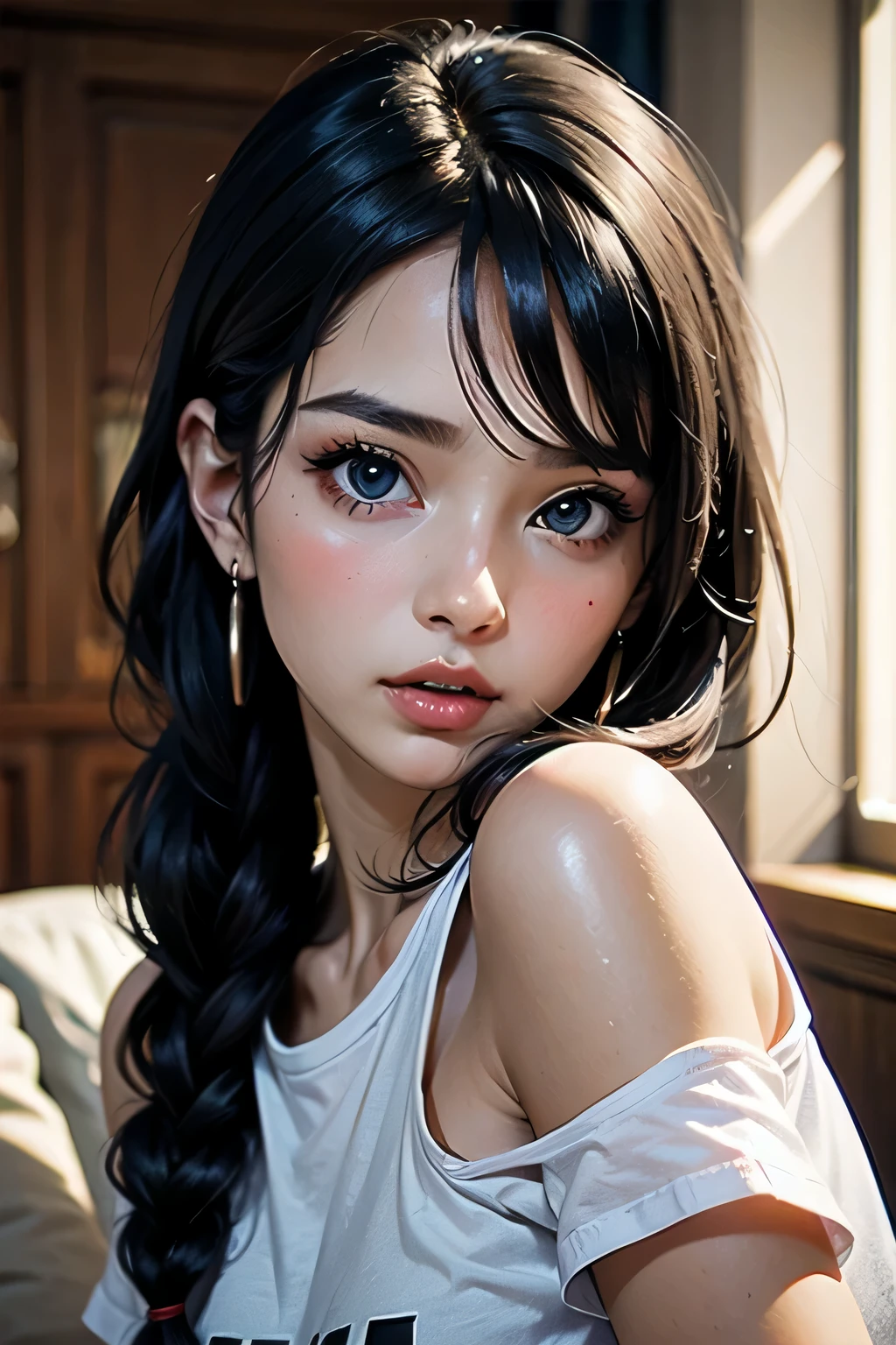 Sexy woman, black hair, single braid, seductive eyes, intense gaze, mouth parted, deep blush, flustered, beautiful face, amazing makeup, off shoulder t shirt