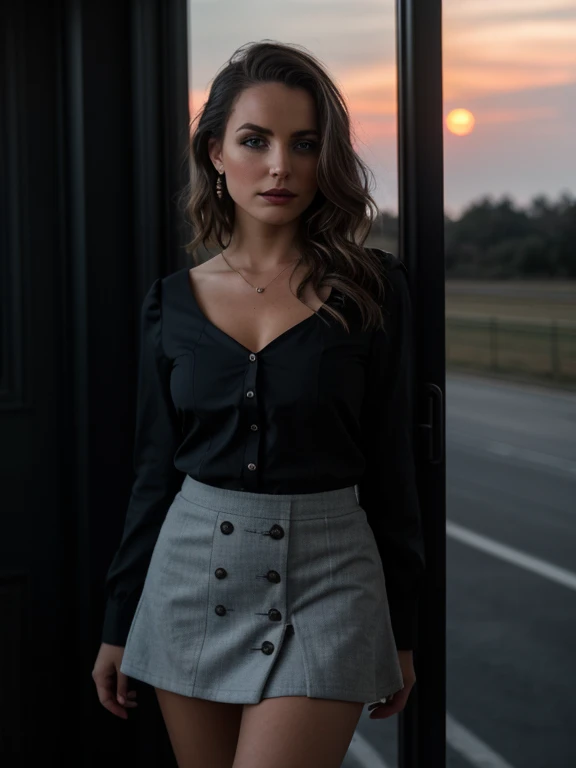 (mise au point nette: 1.2), photo (corps entier) (American Apartment), Attrayant jeune femme de 45 ans, (beau visage: 1.1), Detailed light blue eyes, Delicious lips, (maquillage des yeux: 0.85), (seins moyens: 1.0), (corps ferme: 1.2), (cheveux courts: 1.2), Porter (High school miniskirt) Minijupe blanche et noire, (Buste avec décolleté provocateur), (moderate lighting: 1.2), dusk, coucher de soleil, to burst, profondeur de champ, Bokeh, 4k,  hdr. Miss Univers, Photo de couverture. ((peau avec petites taches et rides), Award-winning photography, (Moody lighting: 1.2), profondeur de champ, Bokeh, 4k, hdr