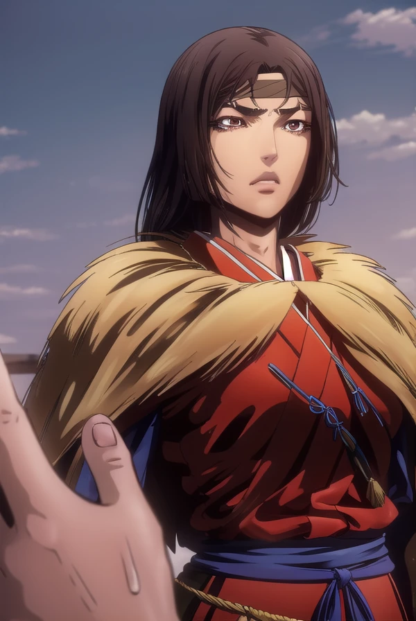 castlevaniasumi, sumi, black hair, (brown eyes:1.5),
BREAK cape, japanese clothes, pants, sash, headband, sandals, tabi, ninja,
BREAK looking at viewer,
BREAK outdoors,
BREAK (masterpiece:1.2), best quality, high resolution, unity 8k wallpaper, (illustration:0.8), (beautiful detailed eyes:1.6), extremely detailed face, perfect lighting, extremely detailed CG, (perfect hands, perfect anatomy), bursting breasts