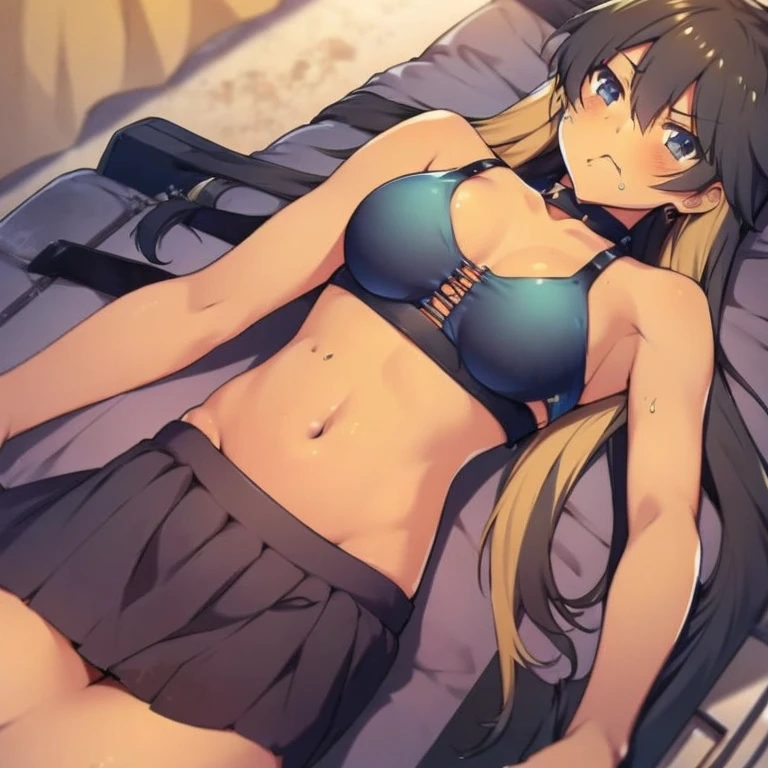 tanned skin anime girl with long hair wearing a cropped bikini top and skirt, hungry, exhausted, starving to death, dying from hunger, hungry torture