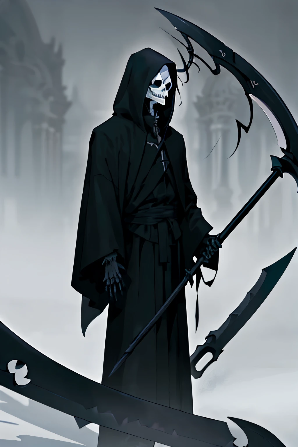 Dark Reaper, cloaked figure with ominous presence (2.5m tall), long flowing robes, hood obscuring face, skeletal hands, shroud following behind, Death's scythe in hand, brooding expression, pitch-black eyes, sharp jawline, gaunt cheeks, hollow sockets, intricately detailed bones showing through skin, deep voice, emphasized shadow, mysterious aura. (All Black: 2), (Detailed Clothes: 1.5), (Scythe: 1.5), (Skeletal: 1.5), (Gravitas: 1.5)