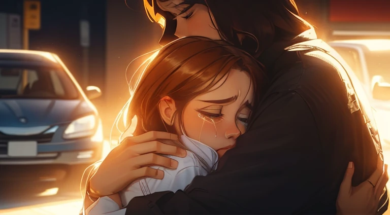 Two people hugging each other in a parking lot, Woman shedding tears of sadness. Emotional illustration, Emotional concept art, It's very emotional, Writer: Alena Aenami, High quality fan art, realistic art style, Sad scenes, Anato Pinsack(Anato Finnsark)and Alena Aenami(Alena Aenami), I'm crying because I'm so sad, Roysh Art Style, Art by Alena Anami, Charlie Beauwater Art Style