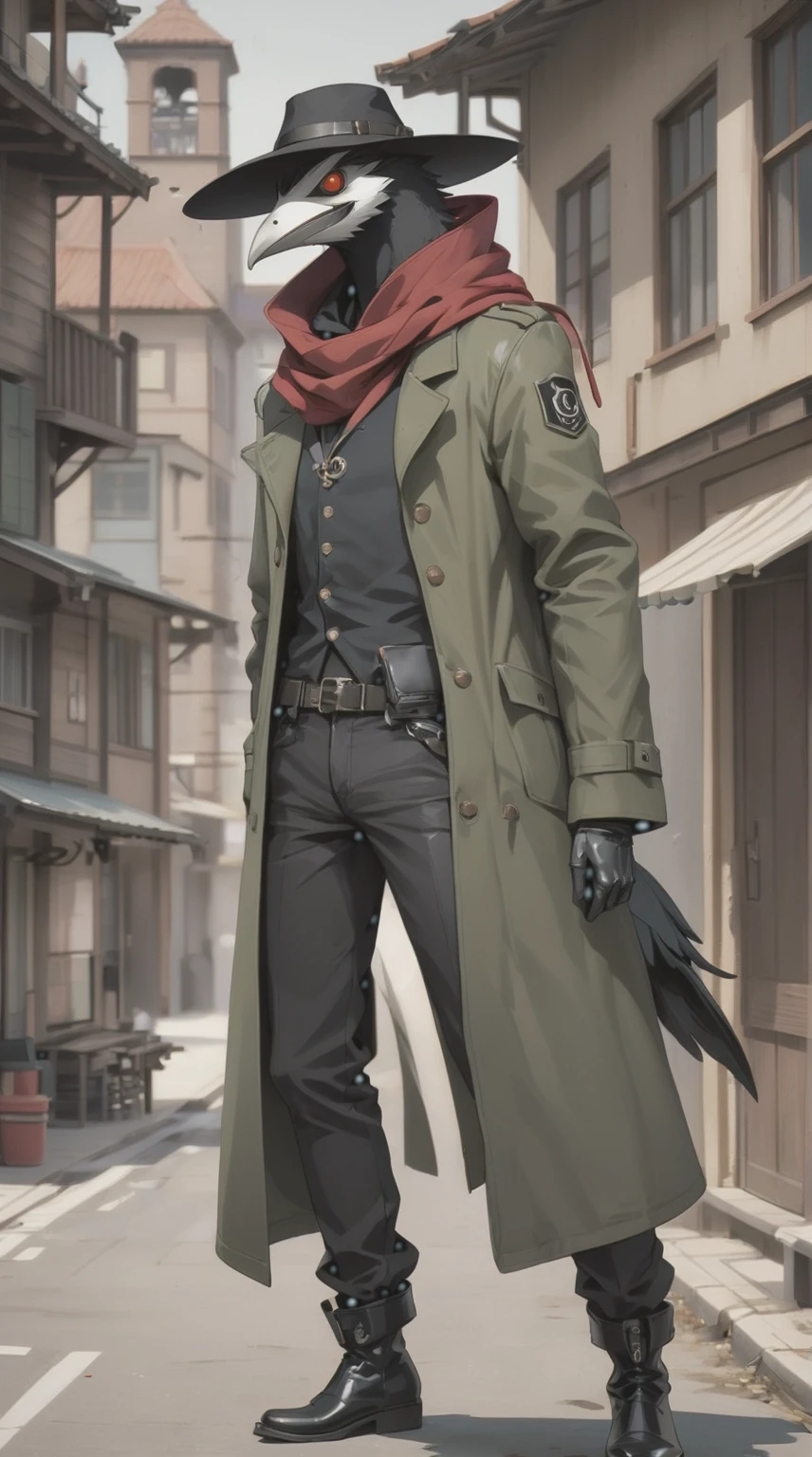 score_9, score_8_up, score_7_up, score_6_up, score_5_up, score_4_up, source_furry, Beautiful Male anthro SCP the Plague doctor, furry, black feathers, white face, black shirt, black pants, cowboy hat, red scarf, olive green duster-coat, leather boots, tactical bulletproof vest, harness holster, webbing rig, tactical, coat on top, oversized olive green coat