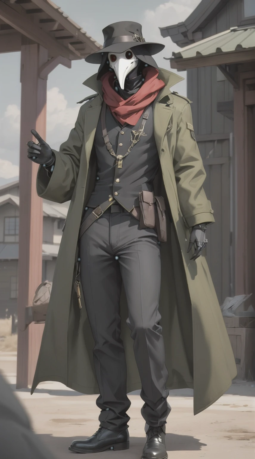 score_9, score_8_up, score_7_up, score_6_up, score_5_up, score_4_up, source_furry, Beautiful Male anthro SCP the Plague doctor, furry, black feathers, white face, black shirt, black pants, cowboy hat, red scarf, olive green duster-coat, leather boots, tactical bulletproof vest, harness holster, webbing rig, tactical, coat on top, oversized olive green coat
