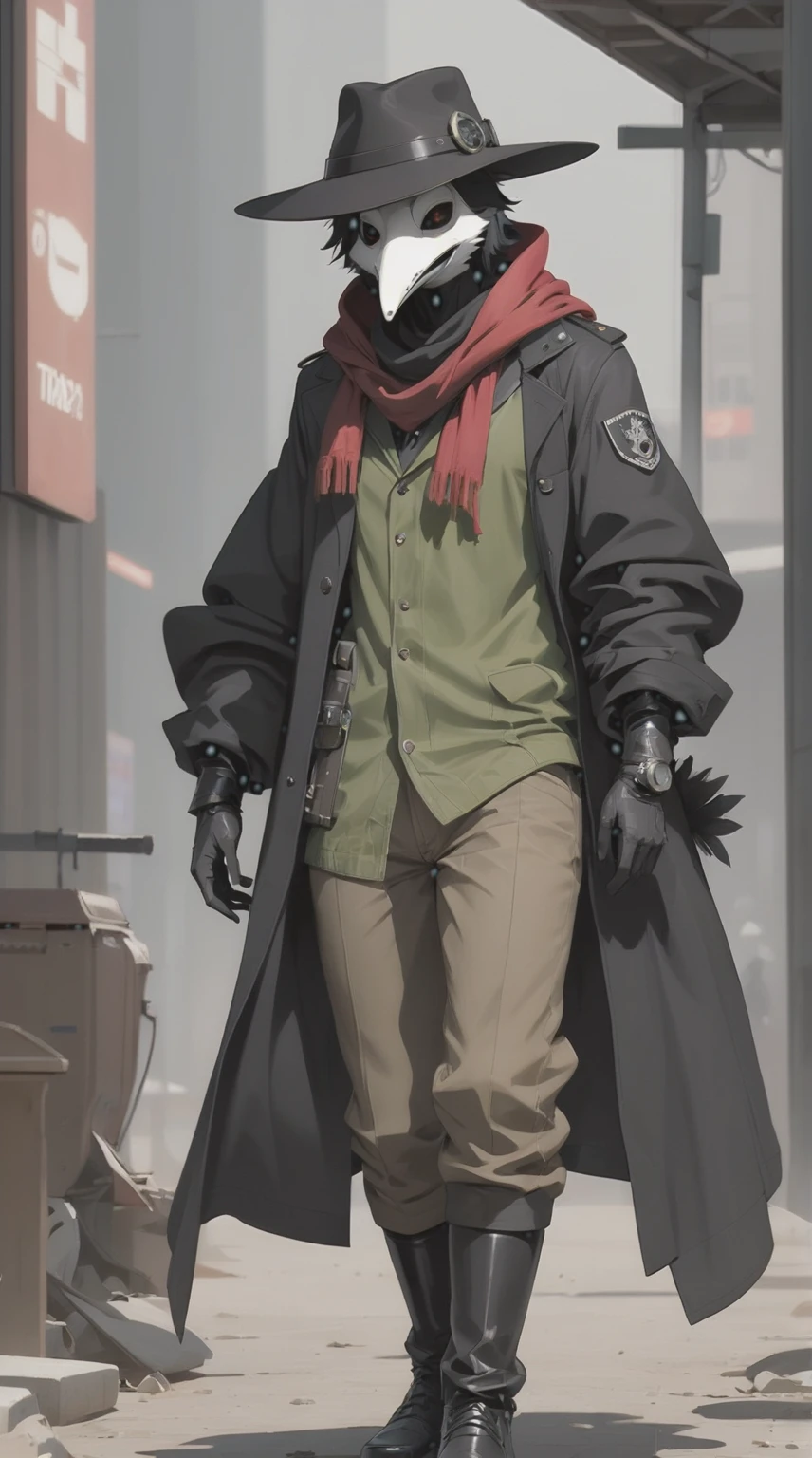 score_9, score_8_up, score_7_up, score_6_up, score_5_up, score_4_up, source_furry, Beautiful Male anthro SCP the Plague doctor, furry, black feathers, white face, black shirt, black pants, cowboy hat, red scarf, olive green duster-coat, leather boots, tactical bulletproof vest, harness holster, webbing rig, tactical, coat on top, oversized olive green coat