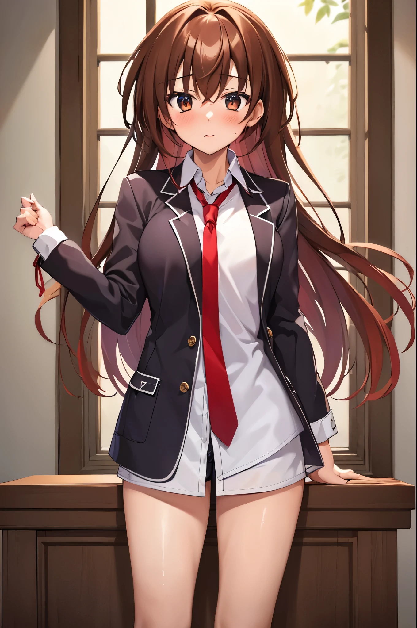 (masterpiece, best quality:1.2), expressive eyes, perfect face, highres, 1girl, solo, (female:1.5), issei_hyoudou, long hair, long sleeves,  jacket, necktie, red necktie,  shirt, pants, blushing, standing, portrait, looking at viewer,