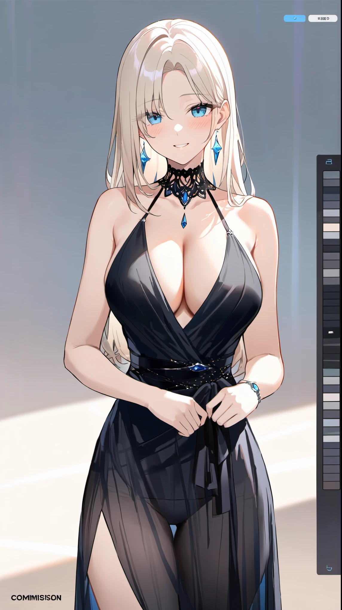 4k, Masterpiece, perfect details, top quality, upper body photo, 1girl, Standing, Light gold hair, long hair ,blue eyes, Blue earrings, mature body, perfect body, big bust, chest cleavage, covered belly button, black dress, long dress, evening dress, bare shoulders, leftmost leg, black dress를 입고 황색 시스루 가운을 걸친 소녀 사진, wear see-through clothes over a dress, concept art, PIXIV Trends, new ideas, animated movie, animated movie 캐릭터, animated movie 소녀 특징, Commission , special details, simple background, , Live2D 기술, tempting eyes, loose eyes, small smile, parted lips, looking at viewer,, blush, flushed, Seductive glances, fascination, loose eyes, weak eyes, a faint smile, View viewer