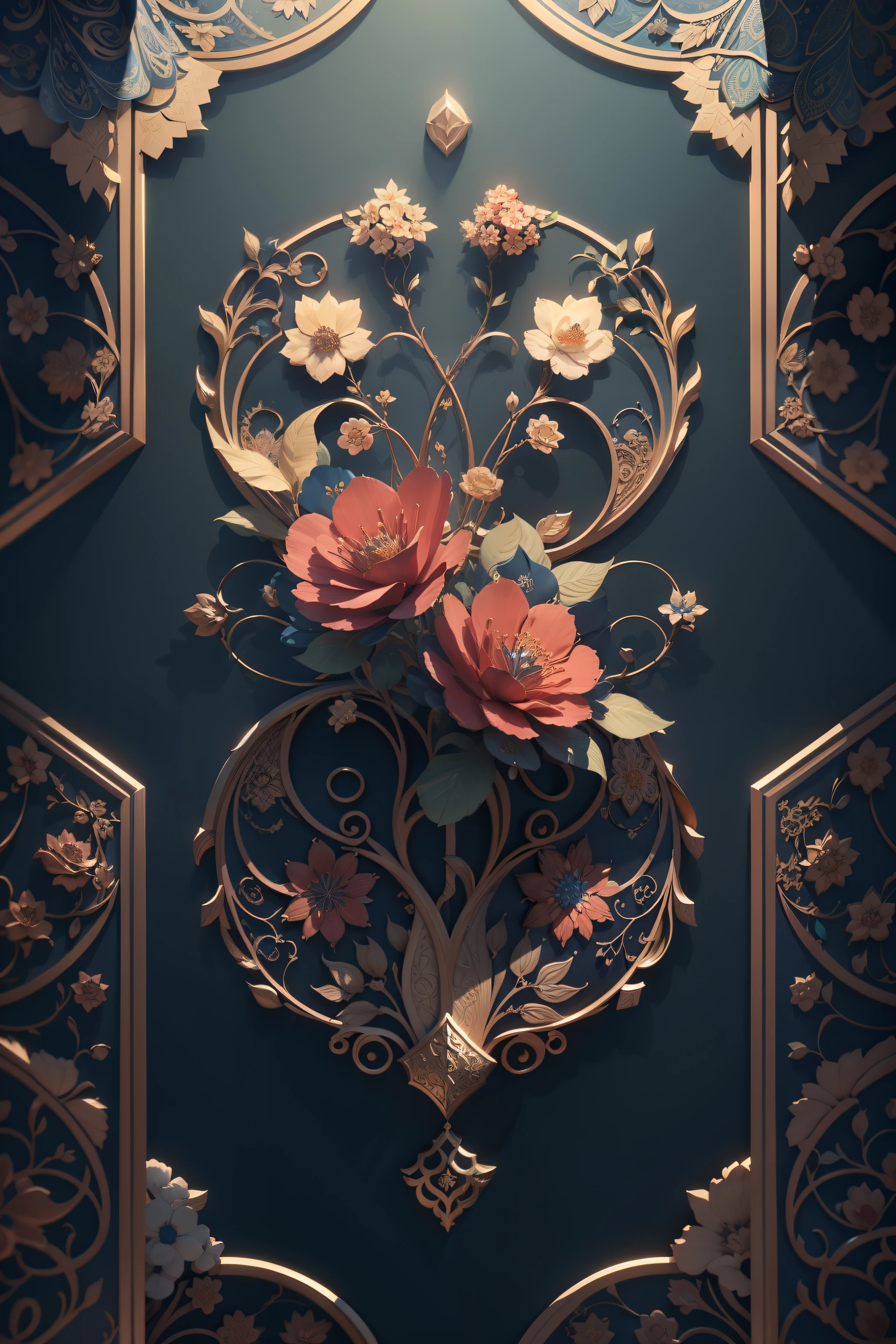 3D illustration, Floral and branches design, Filigree, Deep colours, Blues, Golds, Reds, Persian tile design, symmetric, (Best quality), Masterpiece, High accuracy, Very detailed, Expansive, Moving, production, Cinema lighting, Delivering octane, 8k, Persian art style, complicated, Decorations