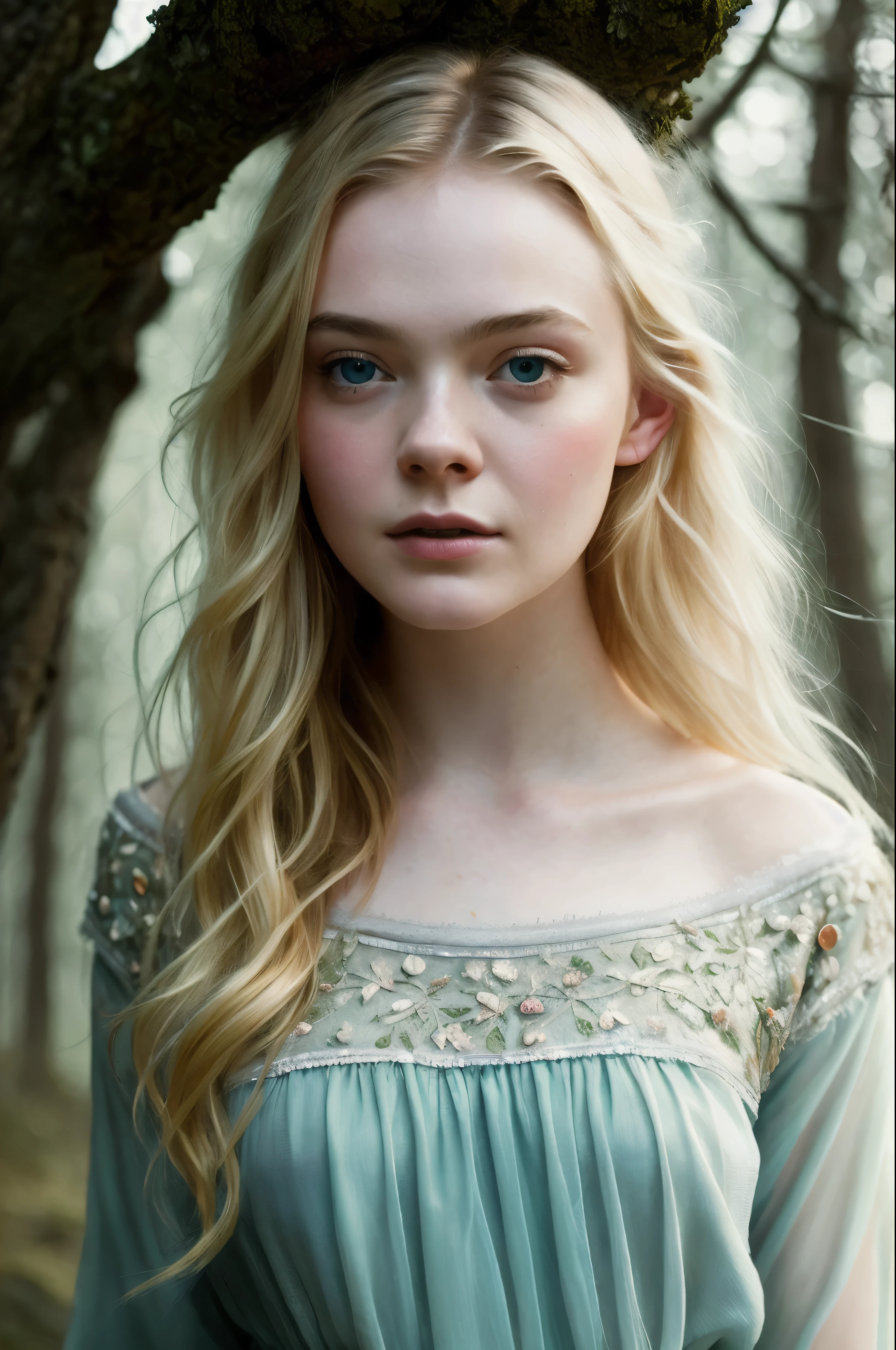 portrait painting of 1girl, Elle Fanning, elf, blonde hair, blue eyes, green dress, Upper body focus, Nordic goddess, intricate, cinematic lighting, styled hair, fantasy movie, genre fantasy, artistic cinematography, premium quality fantasy movie color grading, upper body shot, detailed skin, fantasy, snowy nordic forest, modelshoot style, (extremely detailed CG), photo of beautiful artwork, (Antonio Moro), (Jeremy Mann), High Detail, Sharp focus, dramatic, oil painting, realistic
