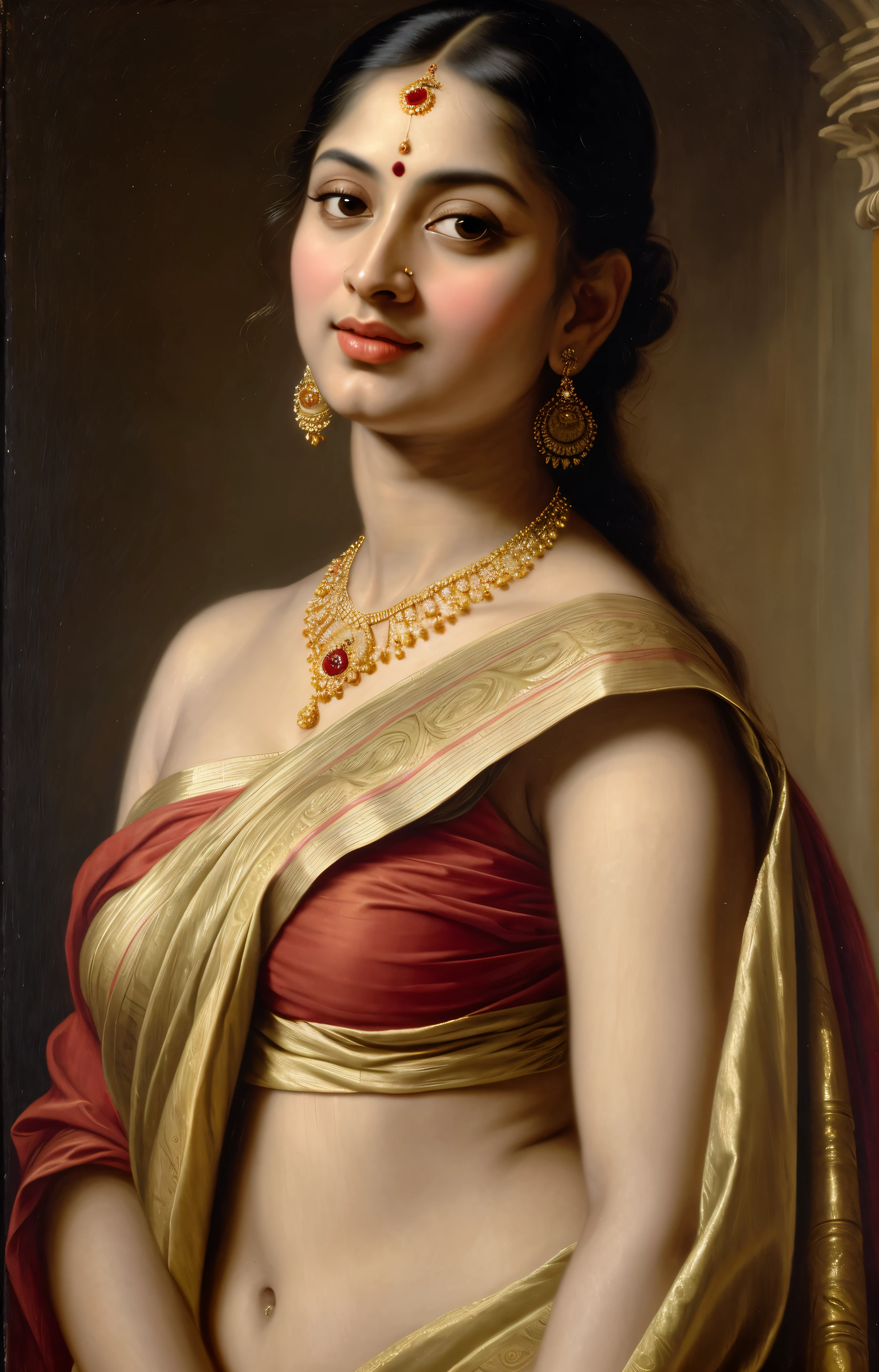 Beautiful Indian Woman, wearing saree, sari Beauty, gorgeous, Apsara, Maharani, royal queen woman, nymph from Hindu Mythology, Urvashi, matchless beauty, Highly detailed, Oil Painting by Peter Paul Rubens inspired by Raja Ravi Varma, Matchless beauty, captivating, gorgeous, heavenly beauty, celestial beauty, by Peter Paul Rubens, 13, realistic, hyper realistic, micro details, incredible artwork, insane details, ultra High resolution, 8k, 32k, acrylic on canvas, intricate, flawless, detailed, detailed face, detailed eyes, masterpiece, by Peter Paul Rubens, by Caravaggio, by William Adolphe bouguereau, perfect face, perfect body, beautiful art, realism, baroque, renaissance Art, highly textured, beautiful and detailed eyes, uhd, best quality,
