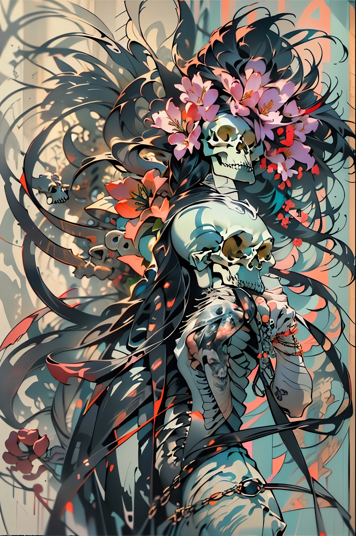 Full body,greybackground,(broken face:0.4),((White and red)),Anatomical,skeletal, skin,bones,ribbed,growth,fronds,tree branch on head,branch, fractral,DNA,spirals,butterfly,branch arm,branch legs、Girl face、