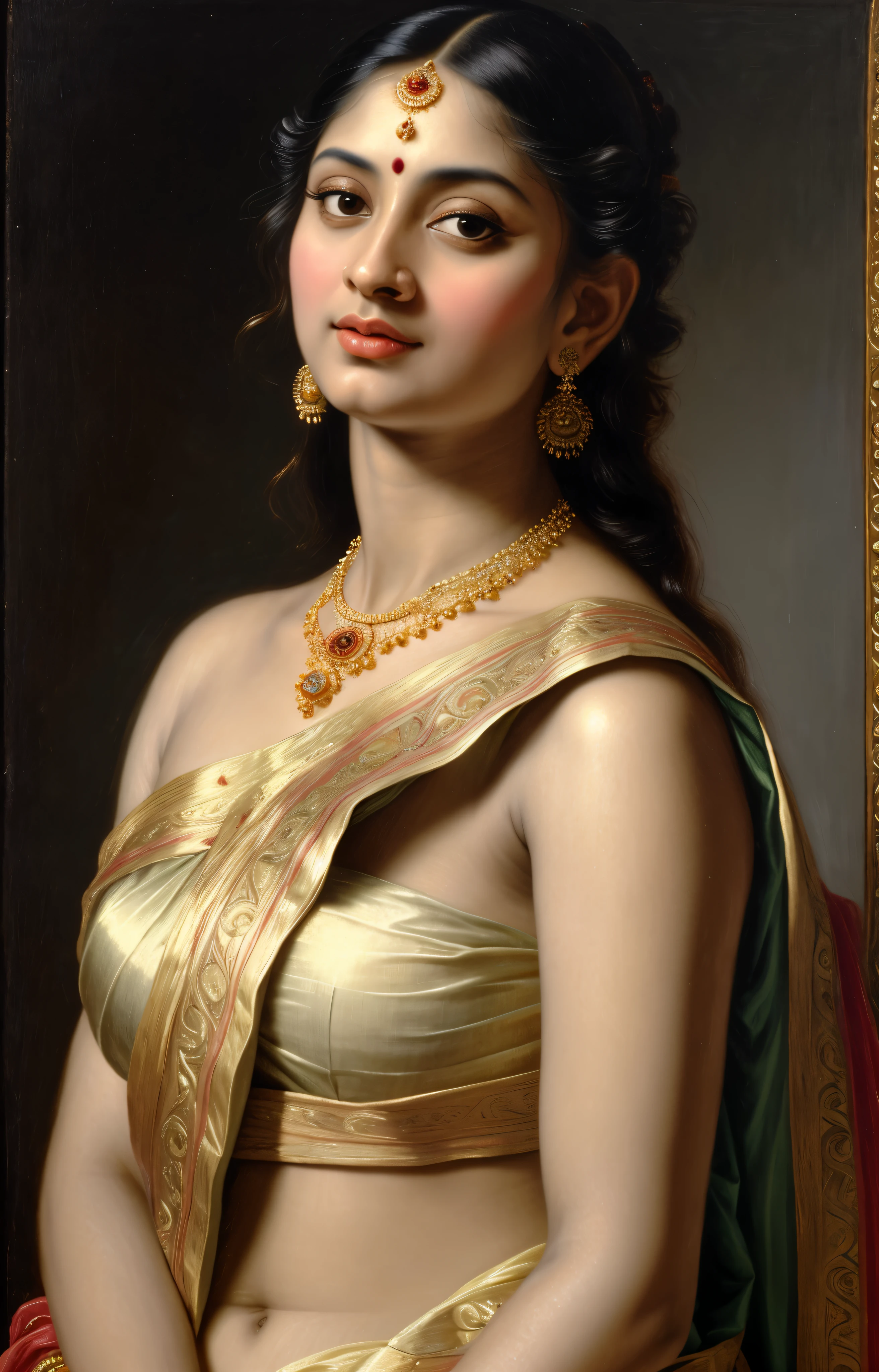 Beautiful Indian Woman, wearing saree, sari Beauty, gorgeous, Apsara, Maharani, royal queen woman, nymph from Hindu Mythology, Urvashi, matchless beauty, Highly detailed, Oil Painting by Peter Paul Rubens inspired by Raja Ravi Varma, Matchless beauty, captivating, gorgeous, heavenly beauty, celestial beauty, by Peter Paul Rubens, 13, realistic, hyper realistic, micro details, incredible artwork, insane details, ultra High resolution, 8k, 32k, acrylic on canvas, intricate, flawless, detailed, detailed face, detailed eyes, masterpiece, by Peter Paul Rubens, by Caravaggio, by William Adolphe bouguereau, perfect face, perfect body, beautiful art, realism, baroque, renaissance Art, highly textured, beautiful and detailed eyes, uhd, best quality,
