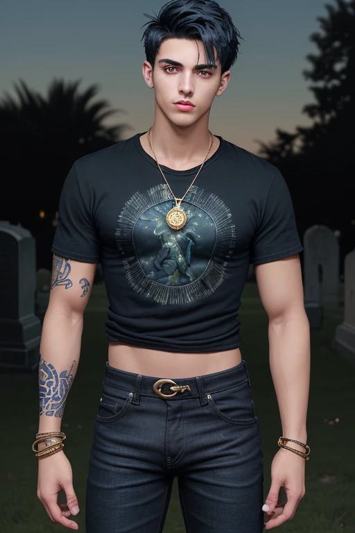 20 year old boy, short dark blue hair, olive skin, black shirt with flame print, slim muscular build, black denim pants, looking straight at the viewer, green eyes, arcane medallion, gold bracelets on both arms in the background of a cemetery at night, Latin appearance