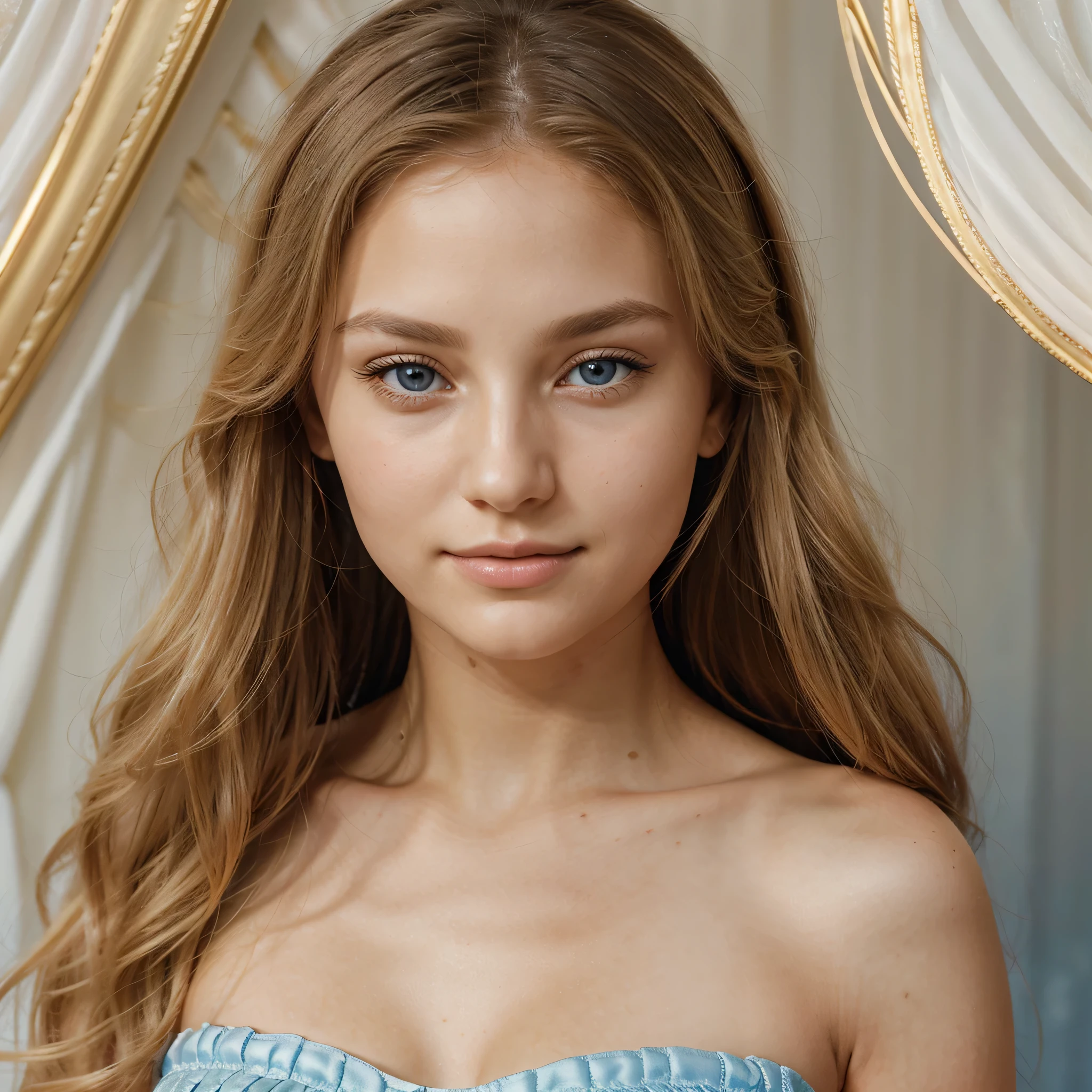 Soft, flowing locks of golden hair cascading over her shoulders, eyes as deep as the endless sky shimmering in a vibrant blue hue, prominent cheekbones framing a round face. Lips gently curved into a perpetual, tender smile, her skin radiating with a subtle glow. In her wide, expressive azure eyes, innocence and curiosity intertwine seamlessly. A gracefully arched nose, a smooth and unblemished forehead. Overall, her face embodies a perfect blend of beauty and elegance, reminiscent of a Russian princess.