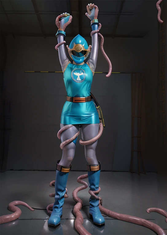 (best quality, masterpiece, RAW photo,ultra-detailed:1.2), 1girl, solo, looking at viewer, ((Hurricane Blue outfit, belt, gloves, helmet, blue spandex vest, blue boots, blue skirt, gray leggings, white gloves)), very large melon sized breasts, (((spread legs:1.1))), ((tentacles:1)), nsfw, raised arms, tentacles wrap around arms and legs, tentacles pressing on her crotch, tentacles squeezing her massive melon size breasts, dark room, eerie light, close up, industrial background, upper half body, creampie, wet