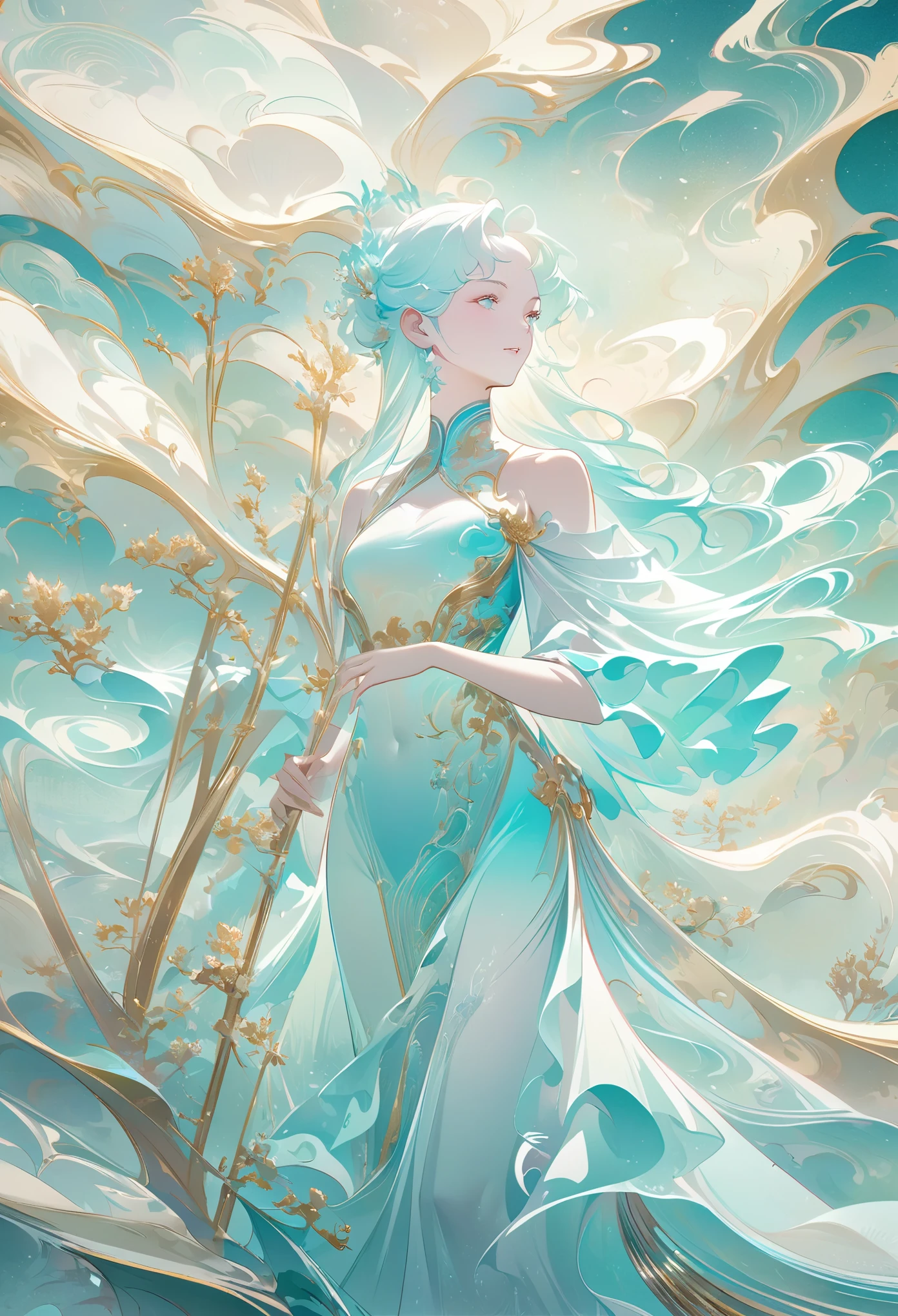 chinese painting nature illustration, in the style of ethereal dreamscapes, gold and aquamarine, layered imagery with subtle irony, historical illustrations, futuristic chromatic waves, light teal and white, precise, detailed paintings