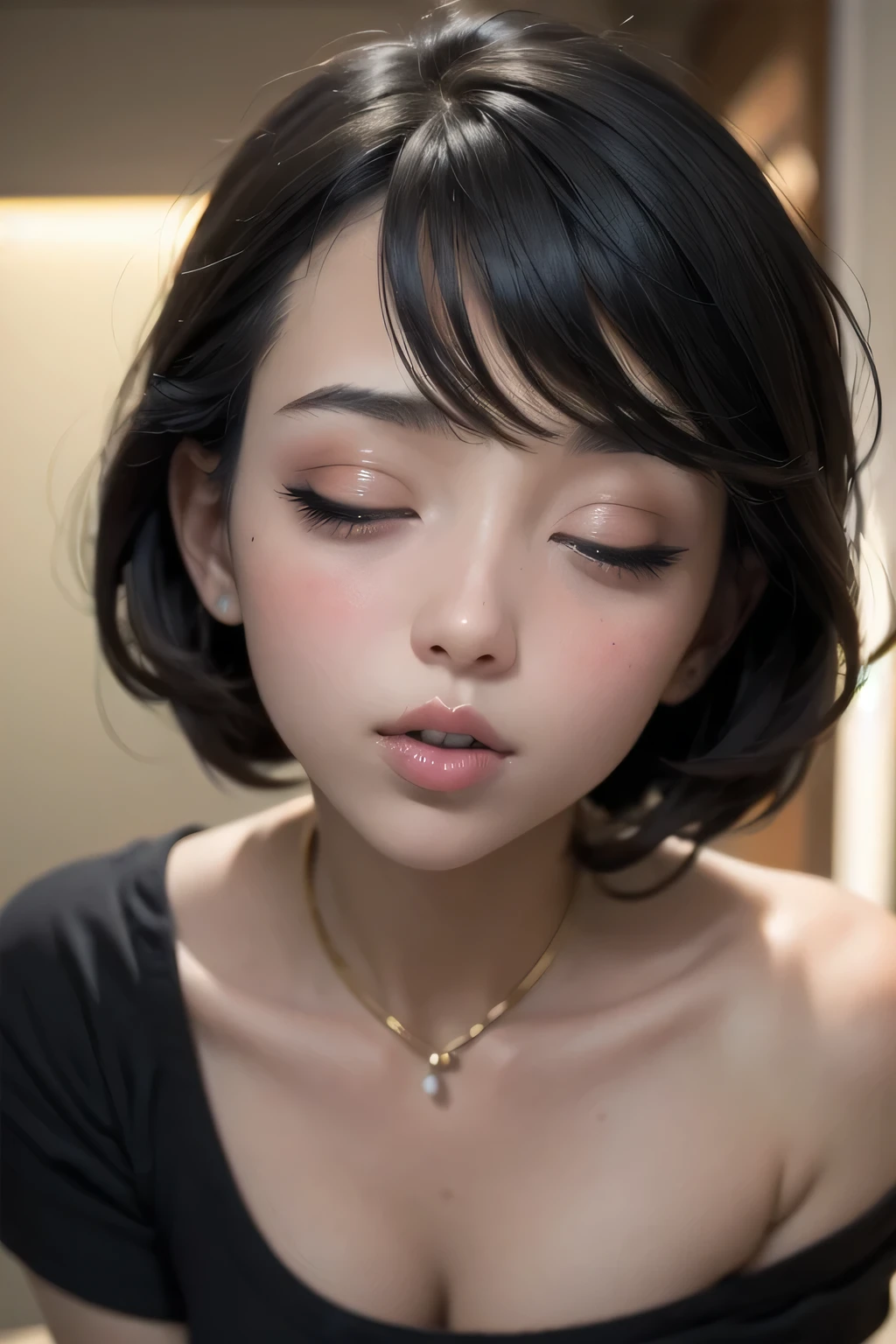 Sexy woman, black hair, single braid, seductive eyes, intense gaze, mouth parted, deep blush, flustered, beautiful face, amazing makeup, off shoulder t shirt