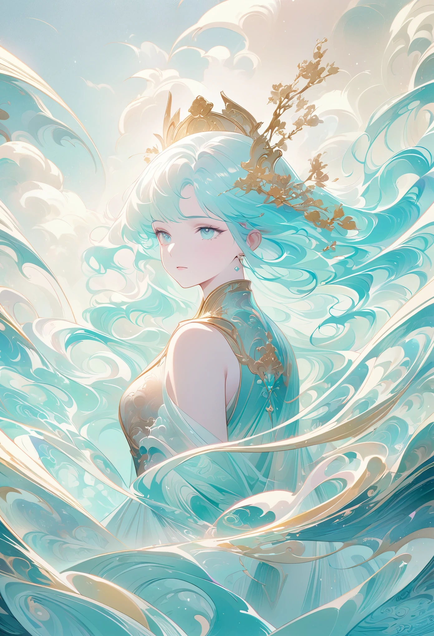 chinese painting nature illustration,  in the style of ethereal dreamscapes,  gold and aquamarine,  layered imagery with subtle irony,  historical illustrations,  futuristic chromatic waves,  light teal and white,  precise,  detailed paintings 