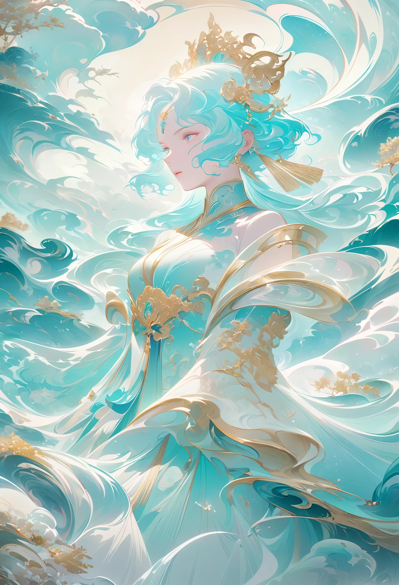 chinese painting nature illustration, in the style of ethereal dreamscapes, gold and aquamarine, layered imagery with subtle irony, historical illustrations, futuristic chromatic waves, light teal and white, precise, detailed paintings