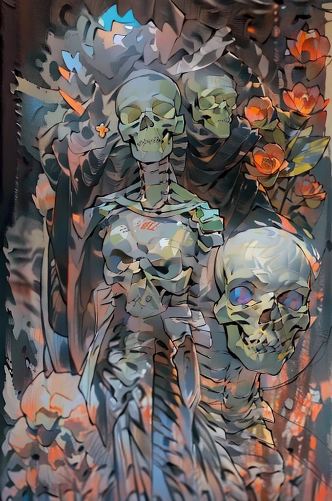 (((Flowers, Baudelaire, long stems, Wide buds, Unusual flowers, Black buds. Red stems, ((Magic radiance)), ((oil painting, high mastery of painting technique)), The best works of expressive painting, high detail elements, background - wide stroke. Fancy patterns - ornaments decorate, green stems, (Skeletons and skulls are hidden in the shadows)). Italian Renaissance, Great Art. Magic and cyberpunk mixed into one. warm color change, contrasting light with cool side lighting, expression of volume and shape, high-quality 3D modeling, works, masterpiece. top quality, skull bone background, horror style, darkened, grainy, hazy. Front Light, Heroic Shot. Best quality, unreal engine, | ultra HD | Full HD, We, Detailed body kit. (WeMyd, photorealistic, sharp focus, 8K). highly detailed textures, Fabric, Metal, bone. graininess, water, shine on the stems, humid air, the contrast of cold shadows and warm golden light, whirlwinds of dead souls.)))_((One, 1 girl, tattoos, glowing tattoos, shiny, white-fluffy 16+), (skull, Flowers), (black transparent dress-clothes)), (sexy, erotic)) _((Delicate scarlet lips), (straight black hair - long, basic highlights, blue, cascade), (multi-colored shiny hair), (cool shine, Wet straight hair))_((styling; clear line, clear contour, high quality of line drawing, shading))_((simple color palettes), (color fill, Color saturation, saturation, harmony, balance), (rich pastel colors, Pure colors), (cyberpunk))_((sexy, erotic), (simple, Minimal accessories), (Necklaces and thin rings made of silver or gold.), (simple bracelets, unusual designs, simple silhouettes), (erotic style))_((background),(abstract minimalism), (stunning cybernetic flowers ), (lilies, extremely unusual, long stems - large stems, skull, Flowers)).