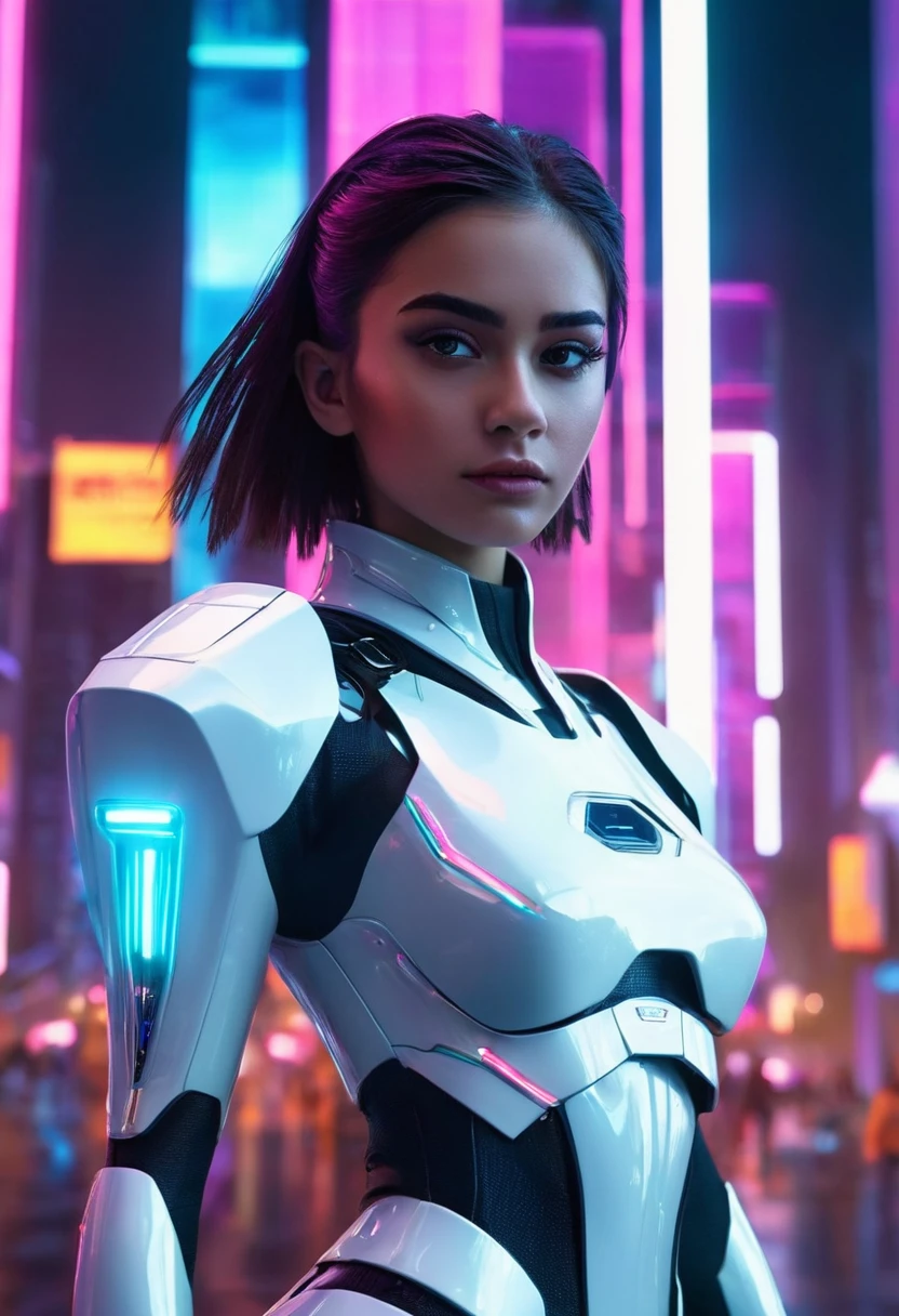 Personaje:chica que lleva un atuendo futurista y elegante. Su ropa parece estar hecha de materiales avanzados y se ajusta perfectamente a su figura.Entorno: The character is in a science fiction setting. The background shows a combination of advanced technology and neon lights. You can see a futuristic city with skyscrapers and flying vehicles. The lighting is intense and creates a vibrant atmosphere.Estilo visual: The image has a striking and unique style. Los colores brillantes, Clean lines and futuristic details contribute to the overall aesthetic. It seems that we are in a world where fashion and technology merge in a surprising way.