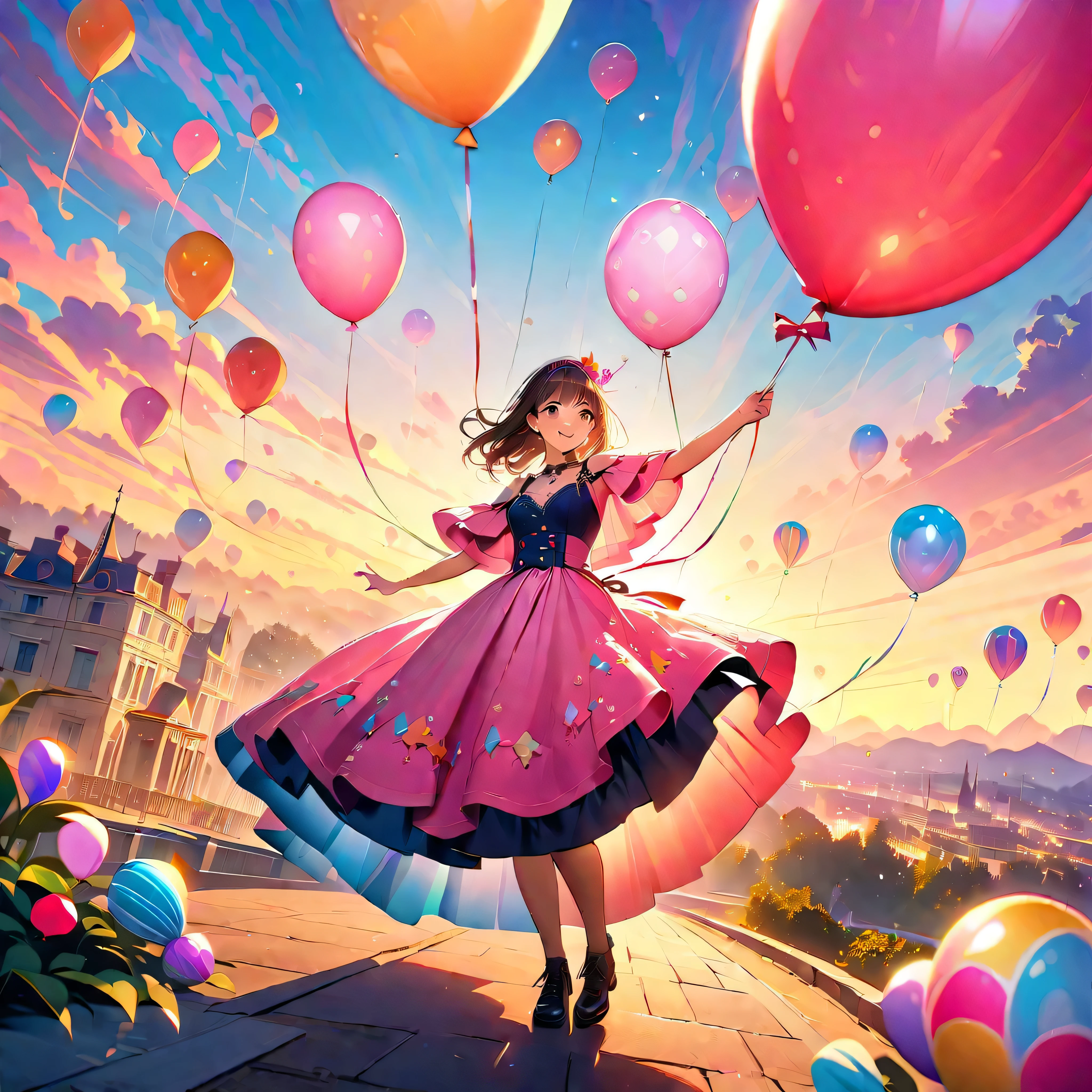 A sunset over a vibrant Candyland, with colorful balloons, ice cream, and drinks 🎈🍦🍹❤(😘👩🎀👗⚜👒👡💅)🎪🎢🎡🎠. The scene is full of excitement and joy, with a variety of attractions. The sky is ablaze with a mix of warm and cool tones, creating a stunning backdrop. The lighting is soft and golden, casting a warm glow over the entire landscape. The vibrant colors of the candy-inspired structures stand out against the pastel sky. The candy-themed buildings are adorned with intricate details, from candy canes to lollipops, creating a whimsical and magical atmosphere. The balloons float in the air, adding an element of playfulness and fun to the scene. The air is filled with laughter and happy chatter as people enjoy the festive atmosphere. The characters are beautifully dressed, with elegant outfits and delicate accessories. Their eyes shine with excitement and anticipation, while their lips display a cheerful smile. The girls' dresses are adorned with bows and ribbons, adding a touch of femininity to their appearance. The scene captures the beauty of friendship and the enjoyment of a carefree day at the amusement park. The overall image quality is of the highest standard, with a focus on every minute detail. The image is ultra-detailed, bringing to life every aspect of the scene. The colors are vivid and vibrant, enhancing the magical atmosphere of the Candyland. The lighting is carefully crafted, creating a sense of depth and dimension. The photorealistic rendering adds a sense of realism to the artwork, making it appear almost like a photograph. The art style combines elements of both illustration and photography, creating a unique and captivating visual experience. The colors are carefully chosen to evoke a sense of wonder and enchantment. The scene is bathed in warm hues, creating a dreamlike ambiance. The lighting highlights the key features of the landscape, adding depth and dimension to the image. In summary, the prompt describe a beautiful sunset candyland