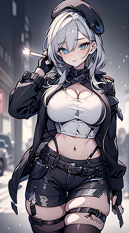  19 years old, (milf:0.8), (solo:1.5), (sfw:1.25), sexy breast, beautiful breasts, (medium tits:0.8), thin waist, big ass:1.0, Raised sexy, (black beret,black military jacket, open clothes, cleavage, midriff, black shorts, black thighhighs, thigh strap, fingerless gloves, single glove:1.2), blue eyes, light smile, big , Revimpling fabric, earrings, Hand gloves, detailed face,(hold a cigarette:1.1),long hair,side ponytail,hair between eyes,bangs,detailed and beautiful eyes,beautiful detailed lips,Rolling her eyes,manner,hair over one eye, (ultra high resolution, 8K RAW photo, photo realistics, thin outline:1.3, clear focus), best qualtiy, natural lighting, textile shading, field depth, (Bright pupils, fine detailed beautiful eyes with highlight:1.3, high detailed face), Red lip, fine realistic skins:1.1, looking down viewers:1.3, (dynamic angle:1.3, front view:1.1, breast focus:1.3, from above:1.2), (dynamic posing:1.5, sexy posing:1.2),Youghal, side lock, hair ornaments,nice,garden background,artistic rendering,Super detailed,(highest quality,4k,8K,High resolution,masterpiece:1.2),Bright colors,studio lighting ,at military base in usa
