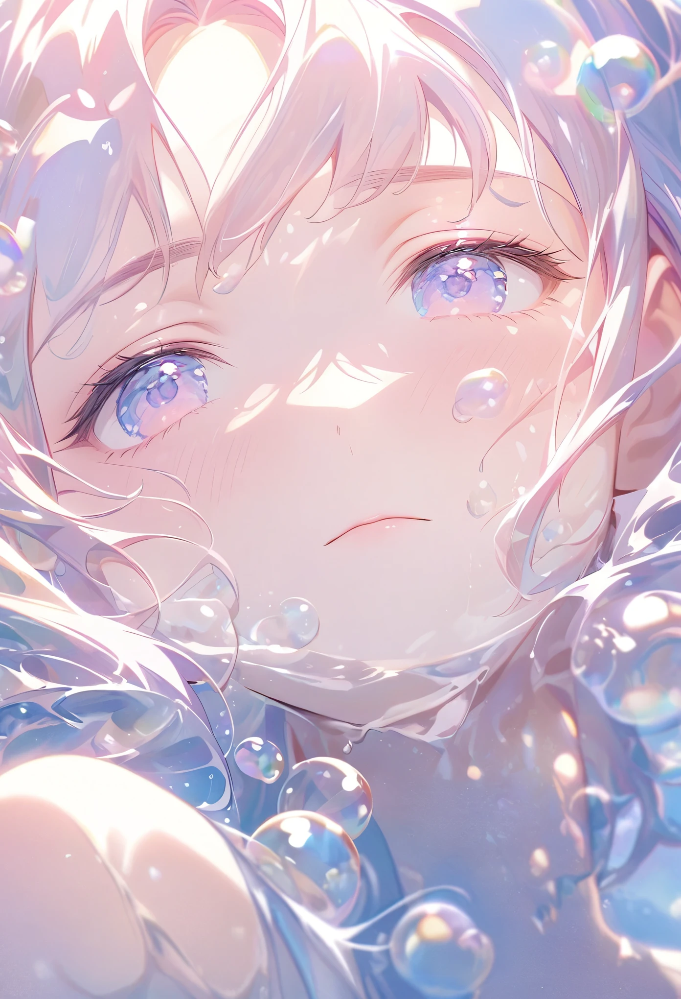 A person lying in water，With fluid abstract，Reflection and mirroring styles，Clear light pink，Clear water，White soap bubbles，Bokeh shots，Close-up from the neck up，Head close-up