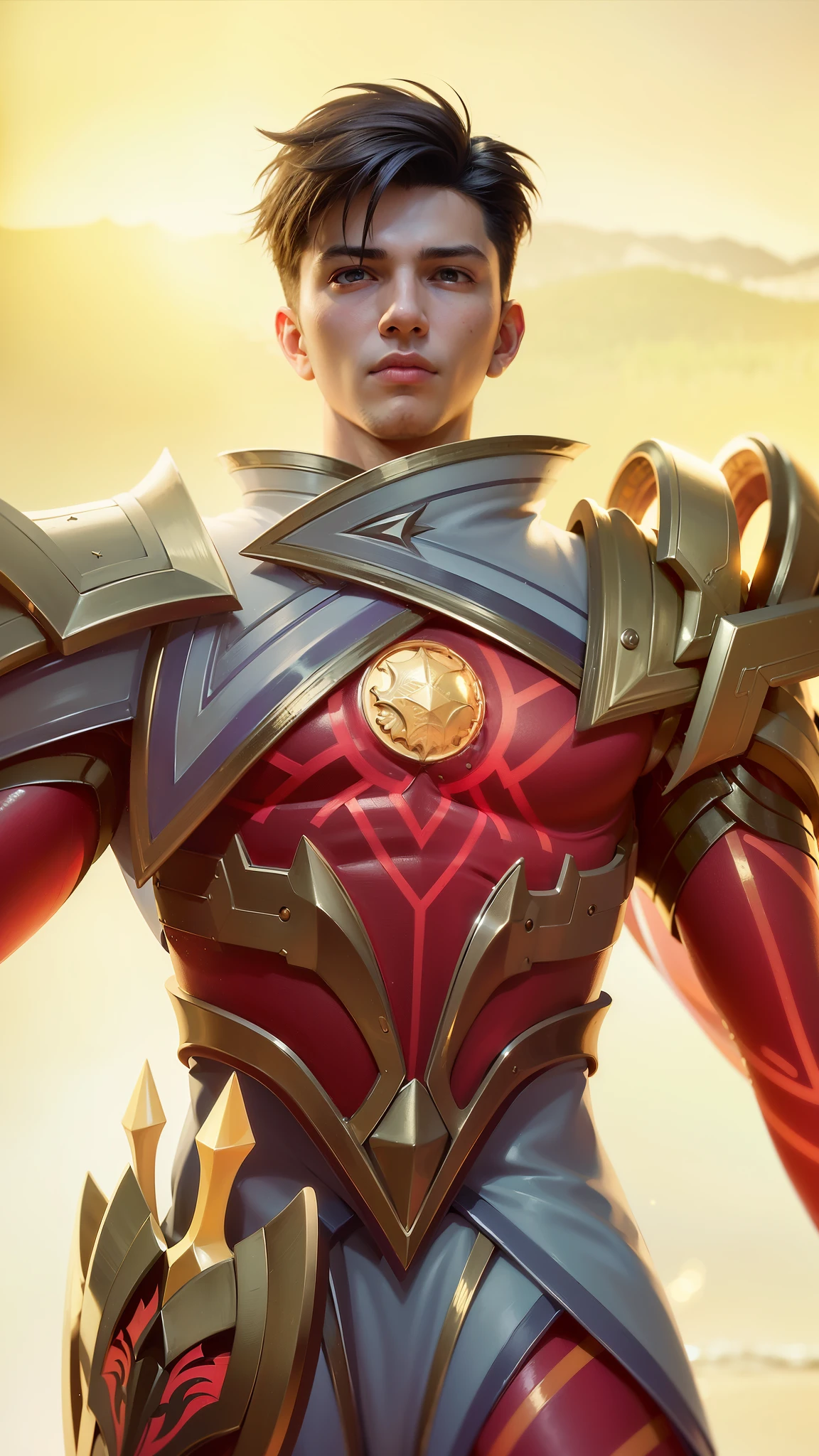 a close up of a person in a costume holding a sword, draconic looking armor, masculine male, masterpiece, ((perfect eyes)) best quality, (semirealism:1.9), beautiful lighting, (extremely detailed CG unity 4k fhd wallpaper), High Detail, Sharp focus, dramatic outdoors, 1 boy ,19 years old, black short hair, yellow eyes, fair skin.