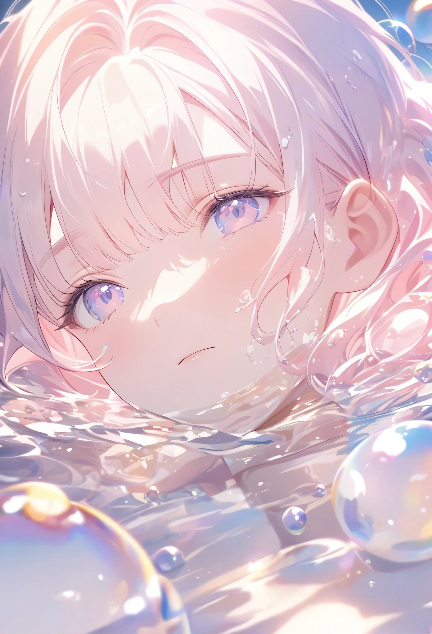 A person lying in water，With fluid abstract，Reflection and mirroring styles，Clear light pink，Clear water，White soap bubbles，Bokeh shots，Close-up from the neck up，Head close-up