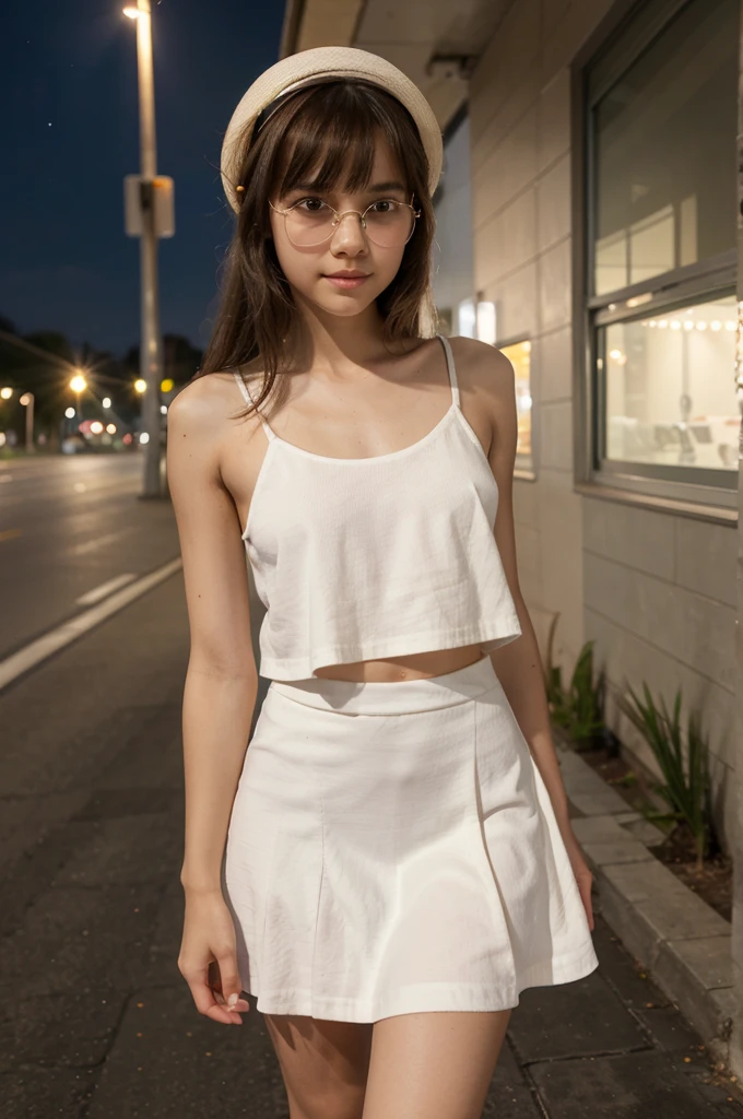 A cute girl, perfect face, beautifull 14 years old girl,14 years old girl, skinny body, slim body, white skin, masterpiece, textured skin, super detail, high details, high quality, 8k, nice pose, road night background, side lighting to face, dress, wearing a white hat, wearing a sun glasses, cute lips, small and cutest lips, at night, wearing a white shoes, bangs hair style, top naked, small skirt, wearing a ears rings, little smlie, night time.