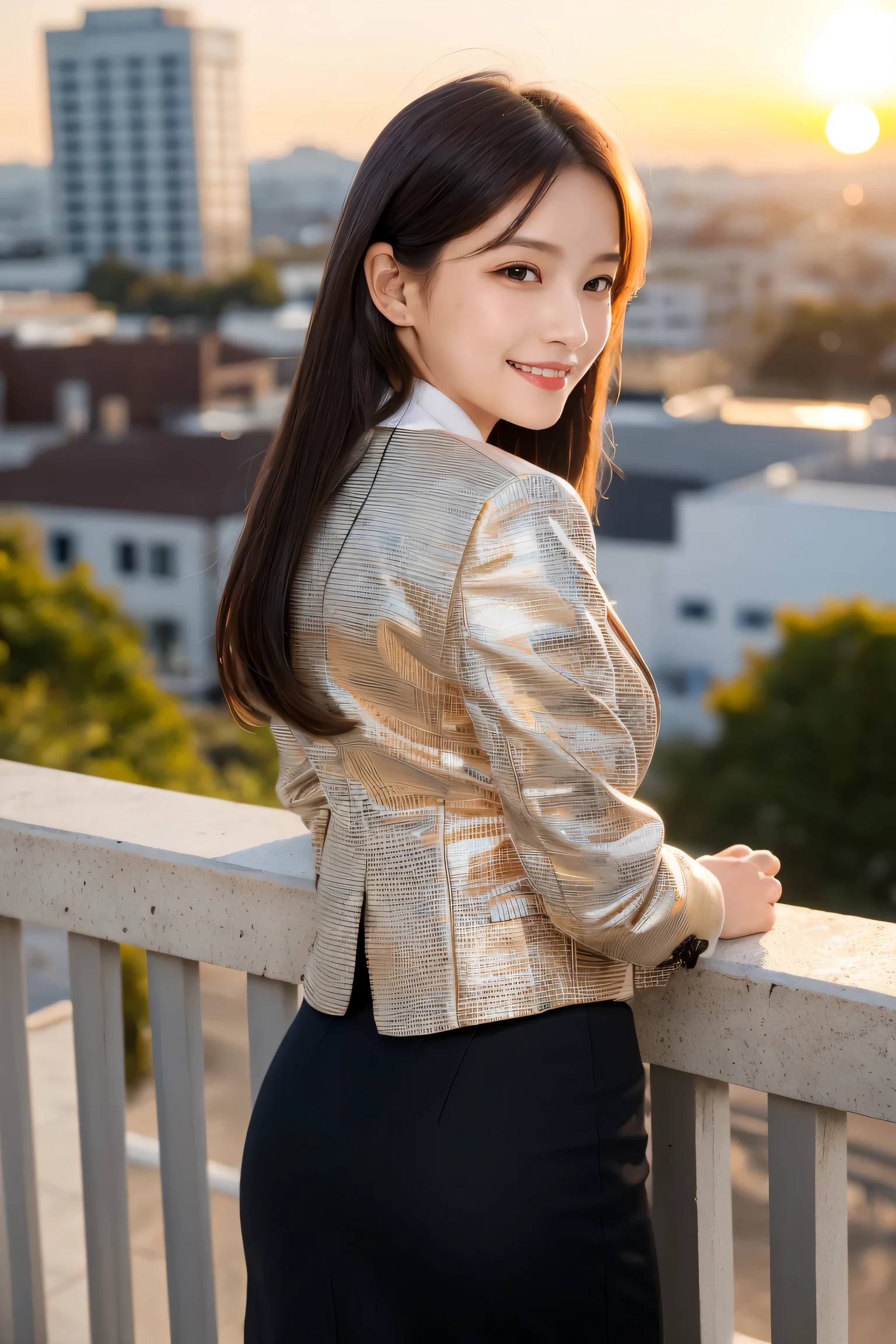 (table top:1.3), (8K, realistic, Raw photo, highest quality: 1.4), Japanese, (1 girl), beautiful face, (realistic face), (black hair), beautiful hairstyle, realistic eyes, detailed and beautiful eyes, (realistic skin), beautiful skin, Charm, 超A high resolution, surreal, very detailed, golden ratio, (full body:1.37), (A woman wearing a detailed pencil skirt and suit jacket:1.4), (office lady), professional attire, high heels, (Smile:1.3), (Long straight hair with flowing shine,,:1.3), break, (huge breasts, big ass:1.3), scenery, (beautiful sunrise background:1.2), from behind, buckshot, arched back, (turn your arms behind your back), detailed and beautiful eyes, looking at the viewer, from below, (no makeup), (cute), photon mapping, (professional lighting), finely, (children's pants) ), (torn skirt:1.1),