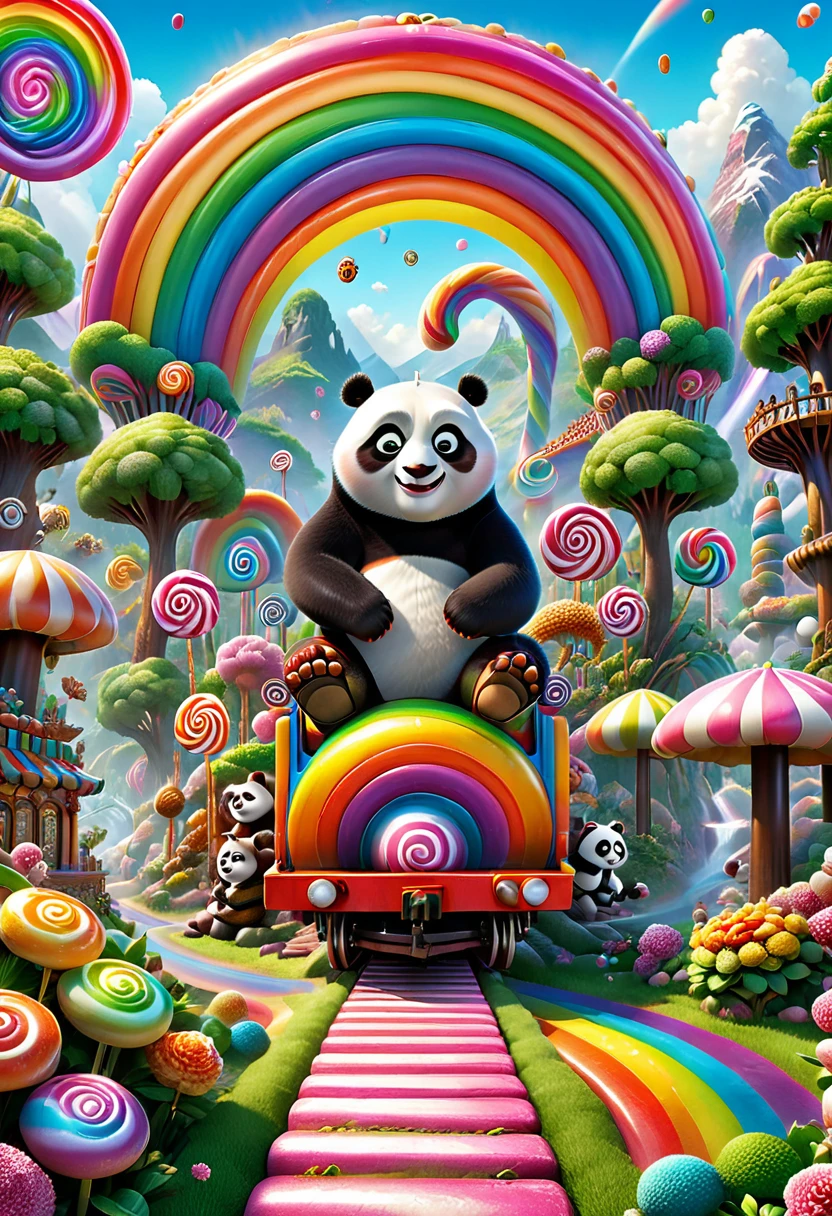 Candyland, Thomas train, Kung Fu Panda, rainbow, (masterpiece, best quality, Professional, perfect composition, very aesthetic, absurdres, ultra-detailed, intricate details:1.3)