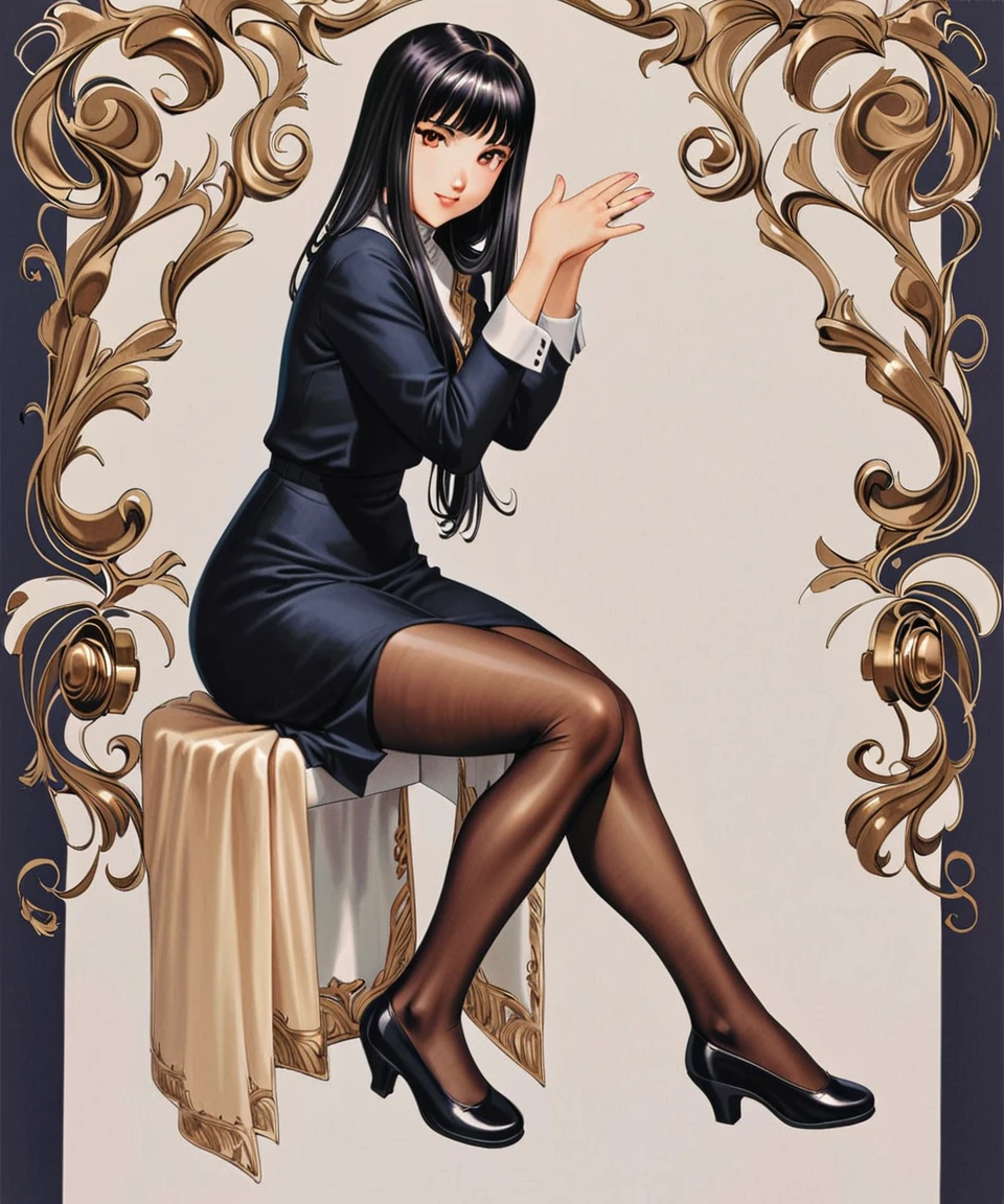 masterpiece, highest quality, divine quality, godlike art, highly detailed face, very realistic, cute, Kitaoji Hanabi, 1 girl, alone, pantyhose, black hair, Hair length is shoulder length, dress, sitting, long sleeve, Put your own hands together, black dress, looking at the viewer, black footwear, black pantyhose, shoes, smile, traditional media, full body, bangs