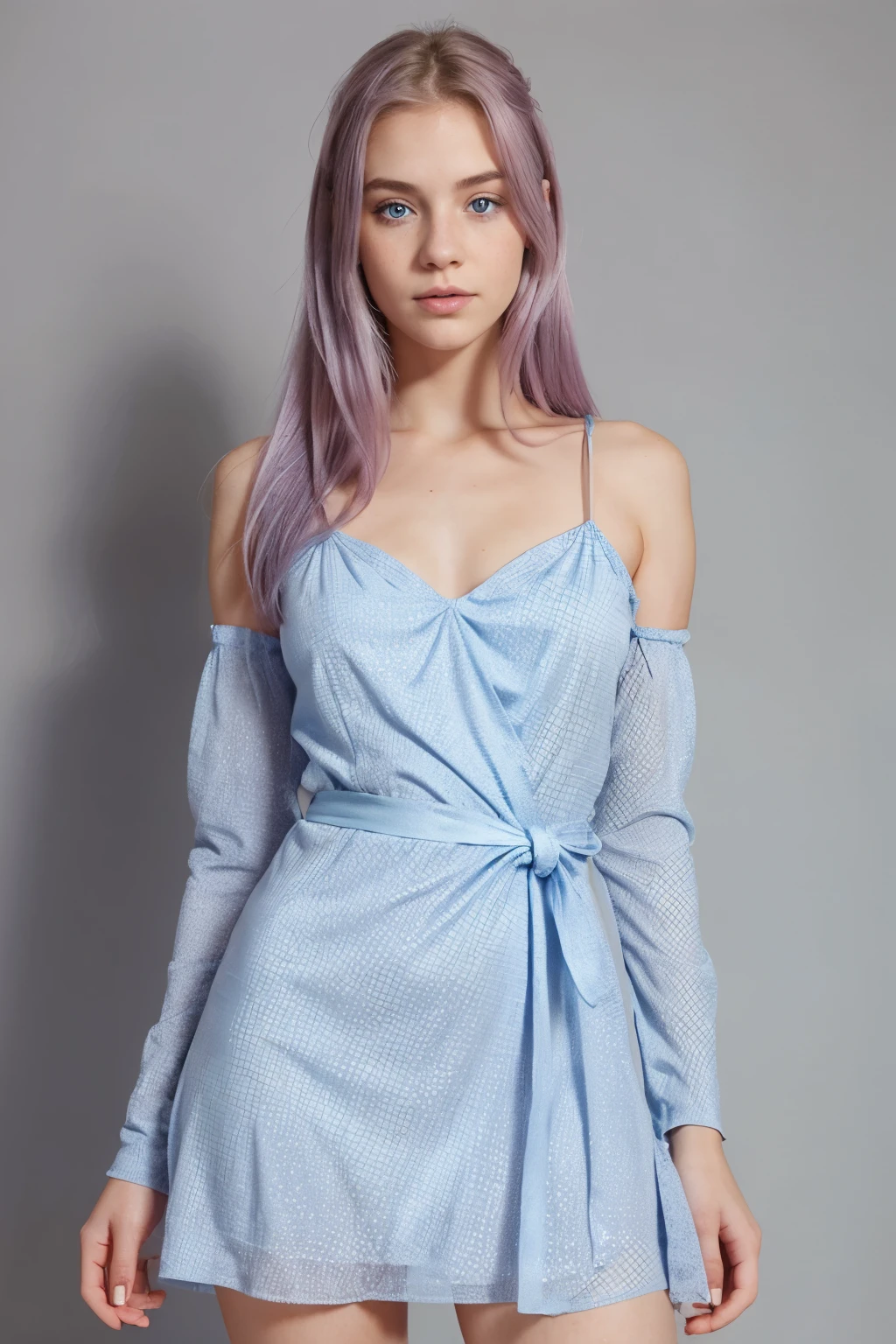 20 year old woman, light violet hair, slim american, light freckles, realistic light blue eyes, symmetrical face, high contrast eyes, in chique dress, whole body picture,